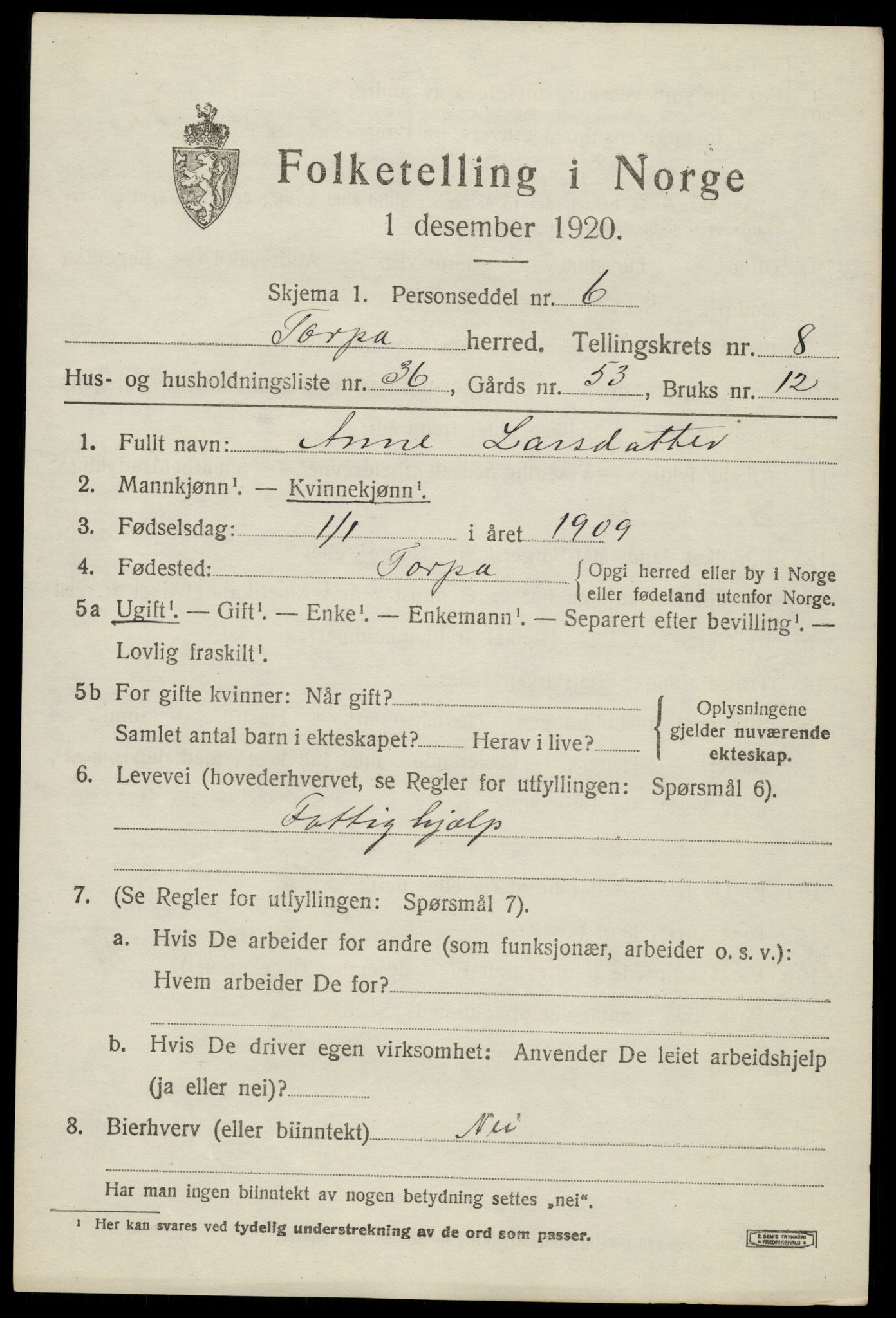SAH, 1920 census for Torpa, 1920, p. 4971