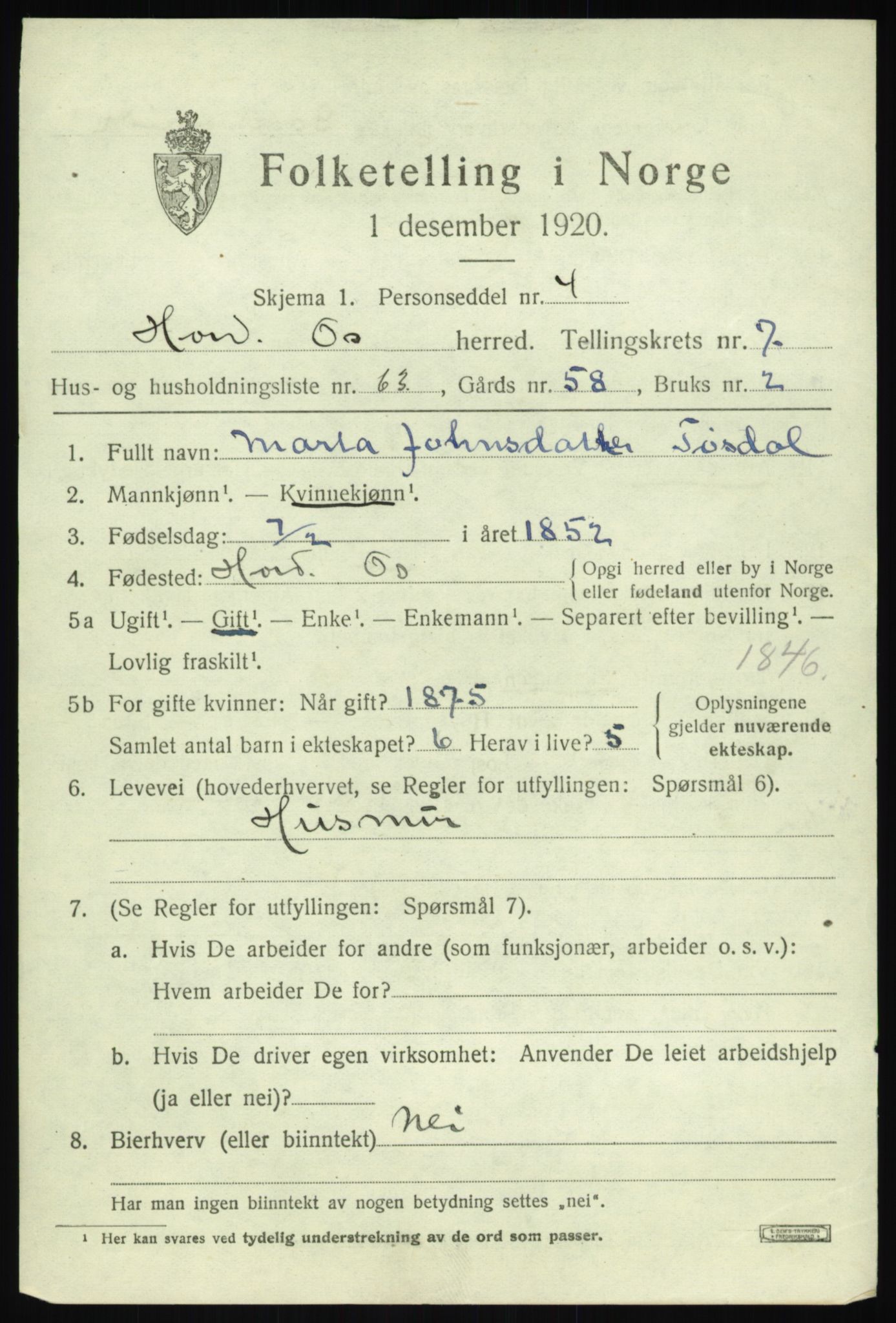 SAB, 1920 census for Os, 1920, p. 6546