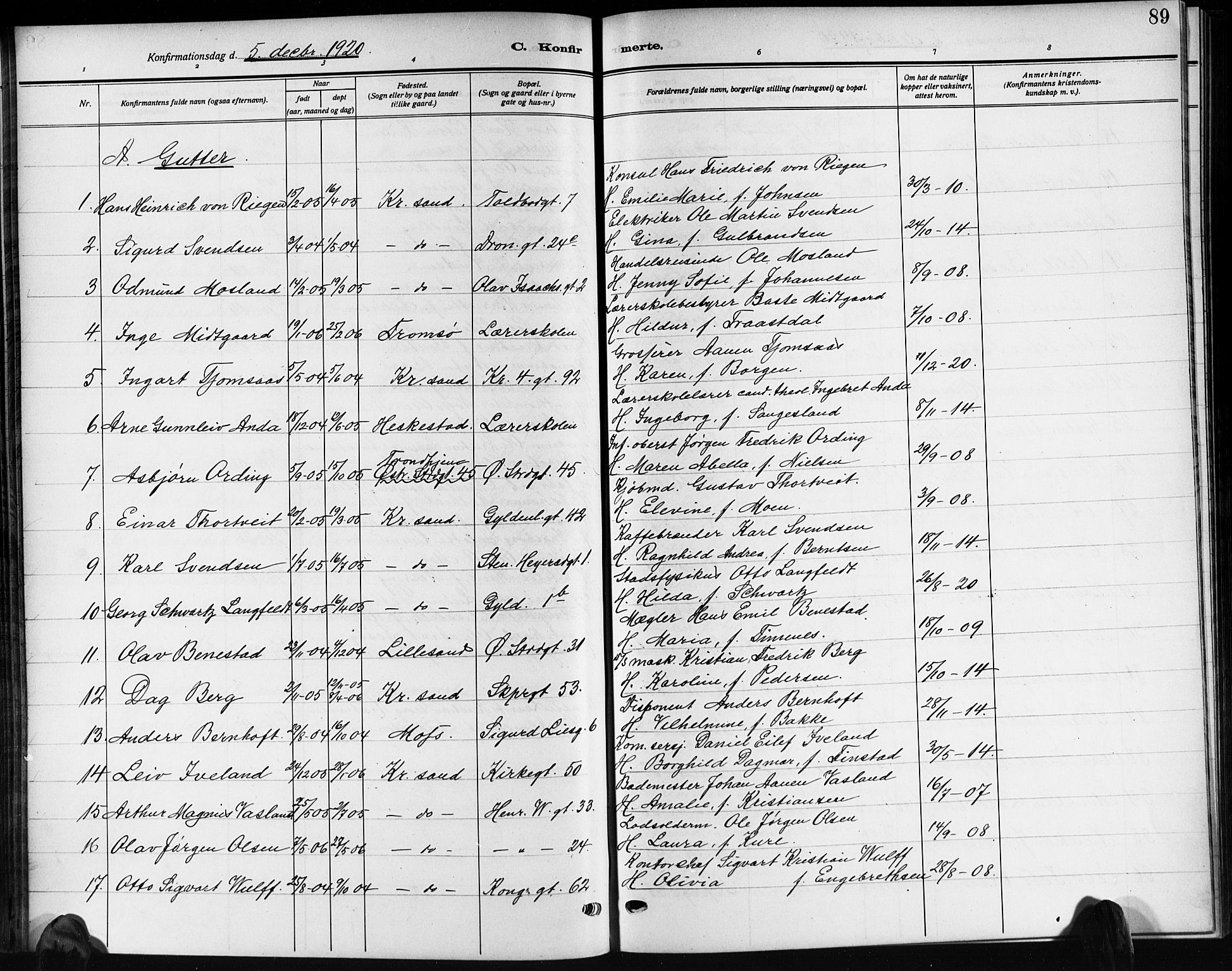 Kristiansand domprosti, AV/SAK-1112-0006/F/Fb/L0022: Parish register (copy) no. B 22, 1915-1925, p. 89