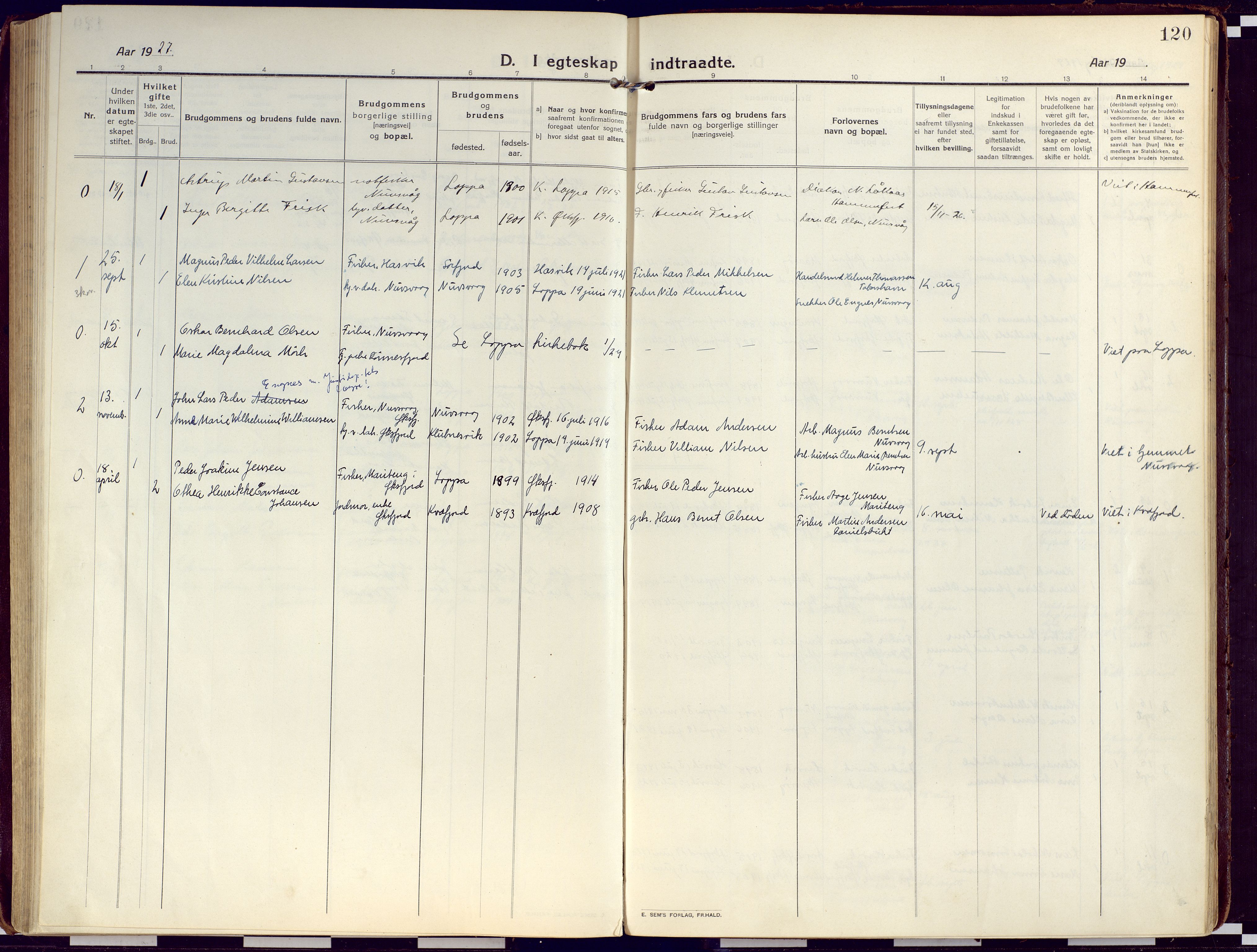 Loppa sokneprestkontor, AV/SATØ-S-1339/H/Ha/L0012kirke: Parish register (official) no. 12, 1917-1932, p. 120