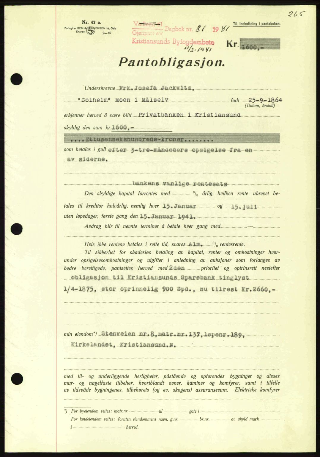 Kristiansund byfogd, AV/SAT-A-4587/A/27: Mortgage book no. 33, 1939-1941, Diary no: : 81/1941