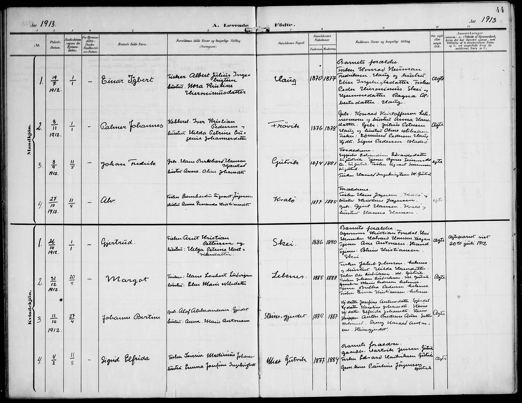 Ministerialprotokoller, klokkerbøker og fødselsregistre - Nord-Trøndelag, SAT/A-1458/788/L0698: Parish register (official) no. 788A05, 1902-1921, p. 44
