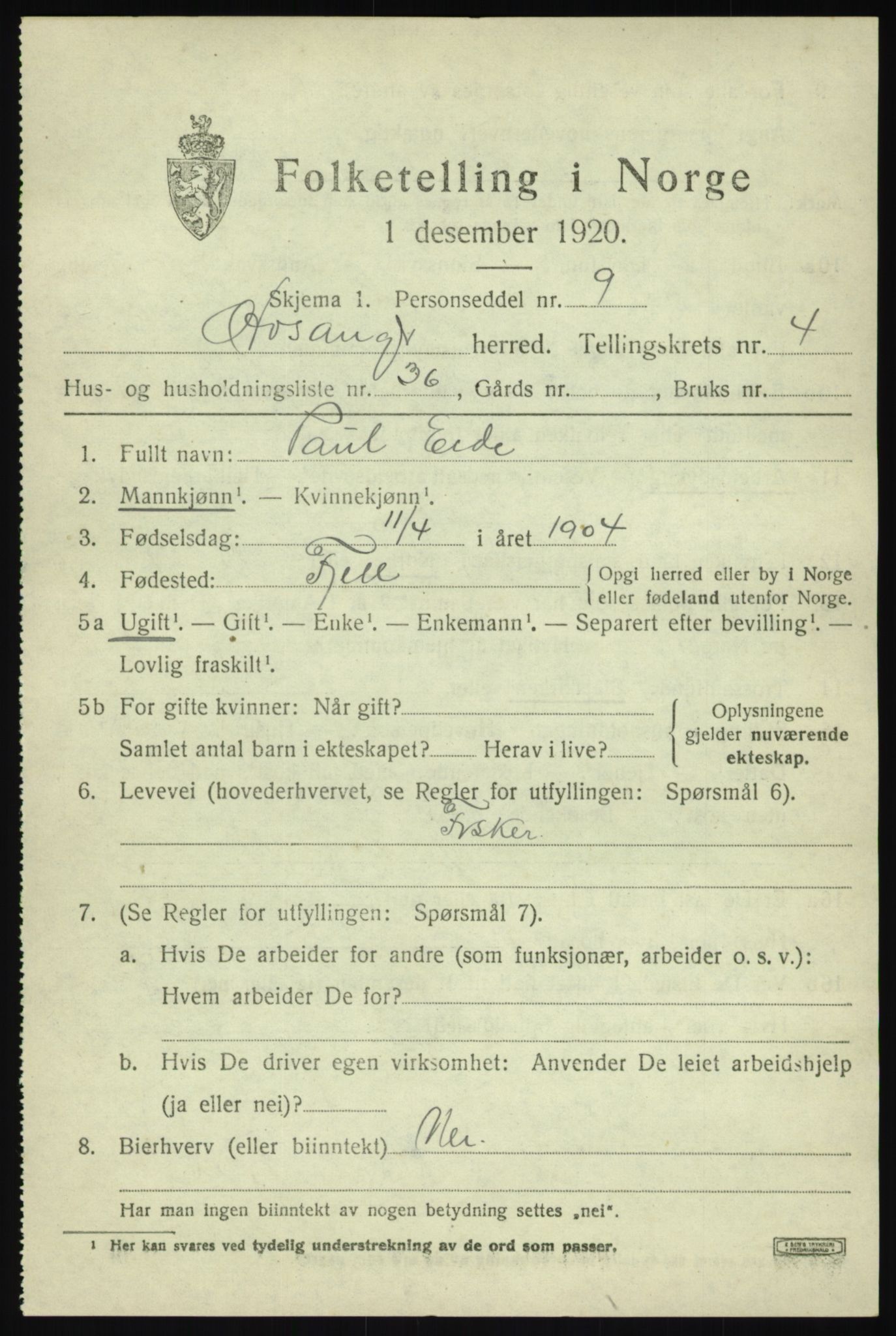 SAB, 1920 census for Hosanger, 1920, p. 2323