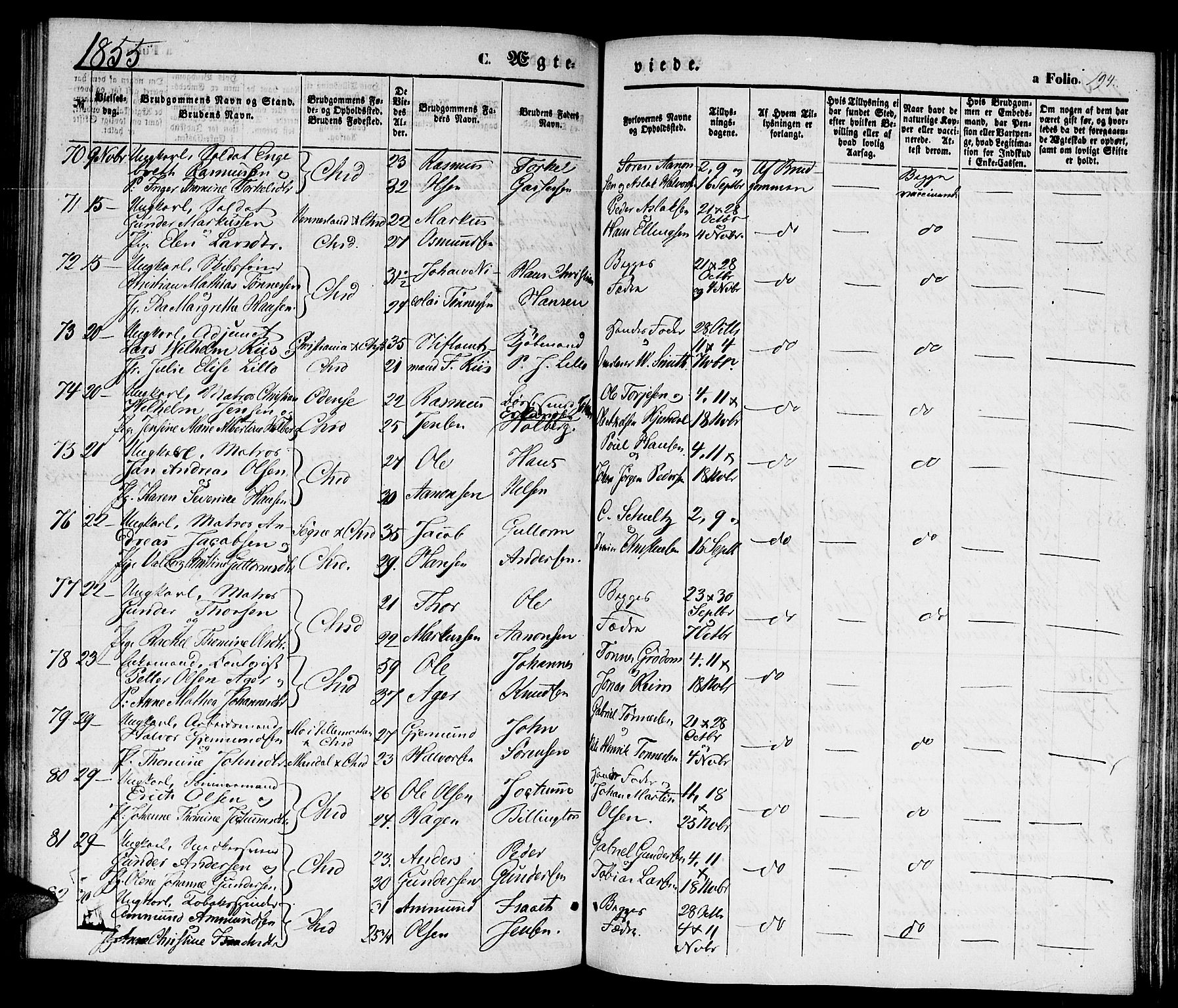 Kristiansand domprosti, SAK/1112-0006/F/Fb/L0011: Parish register (copy) no. B 11, 1851-1861, p. 194