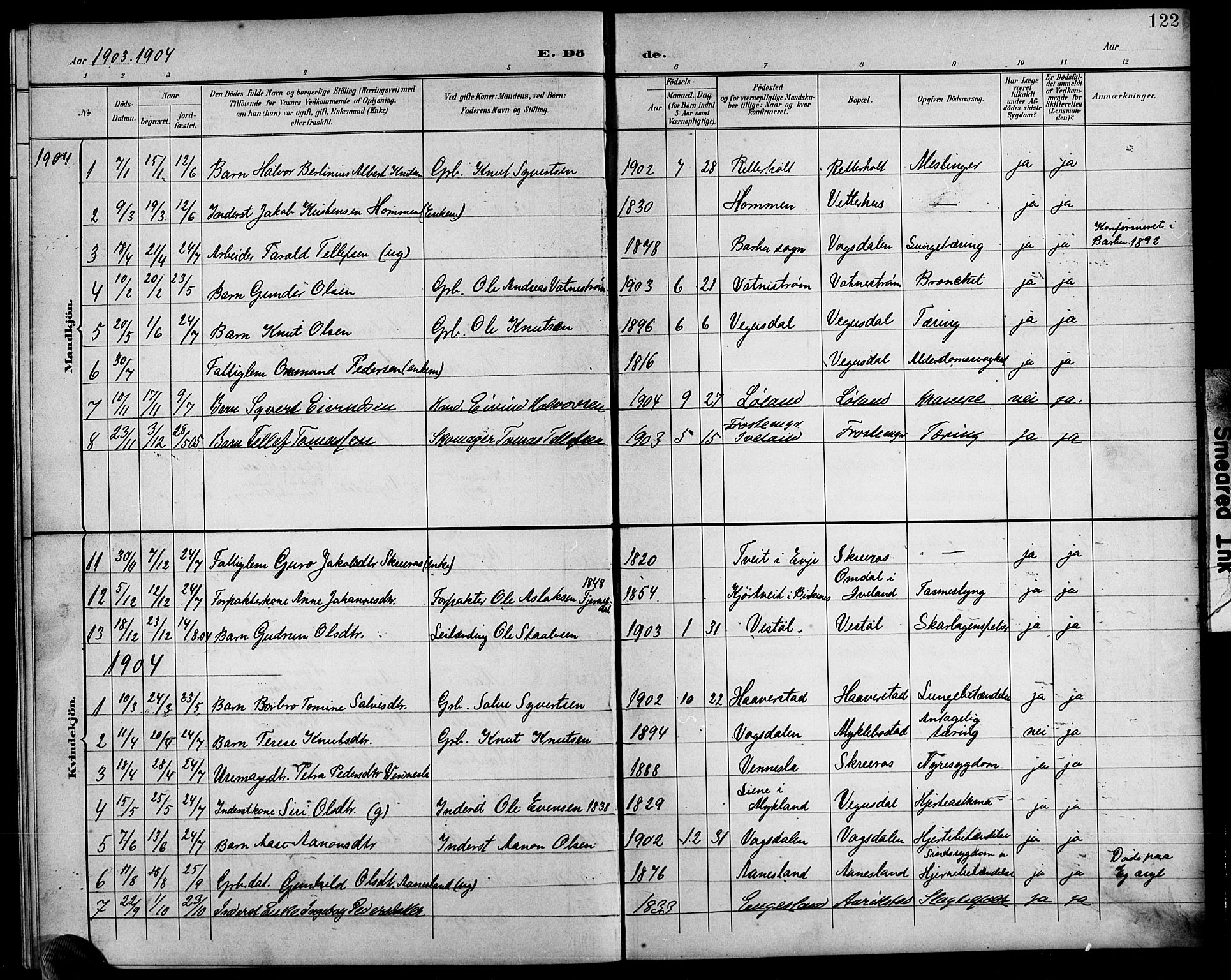Herefoss sokneprestkontor, SAK/1111-0019/F/Fb/Fbb/L0003: Parish register (copy) no. B 3, 1892-1917, p. 122