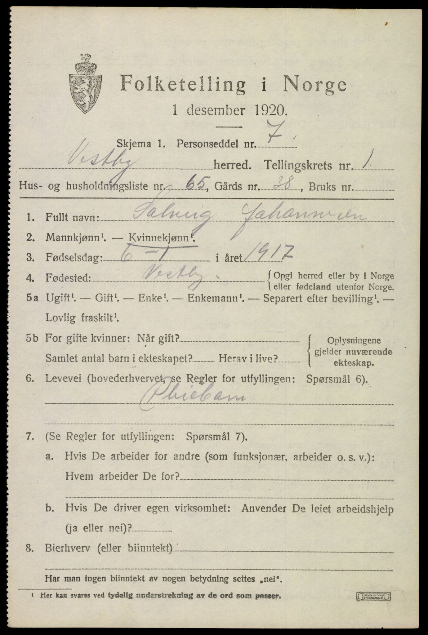 SAO, 1920 census for Vestby, 1920, p. 2145