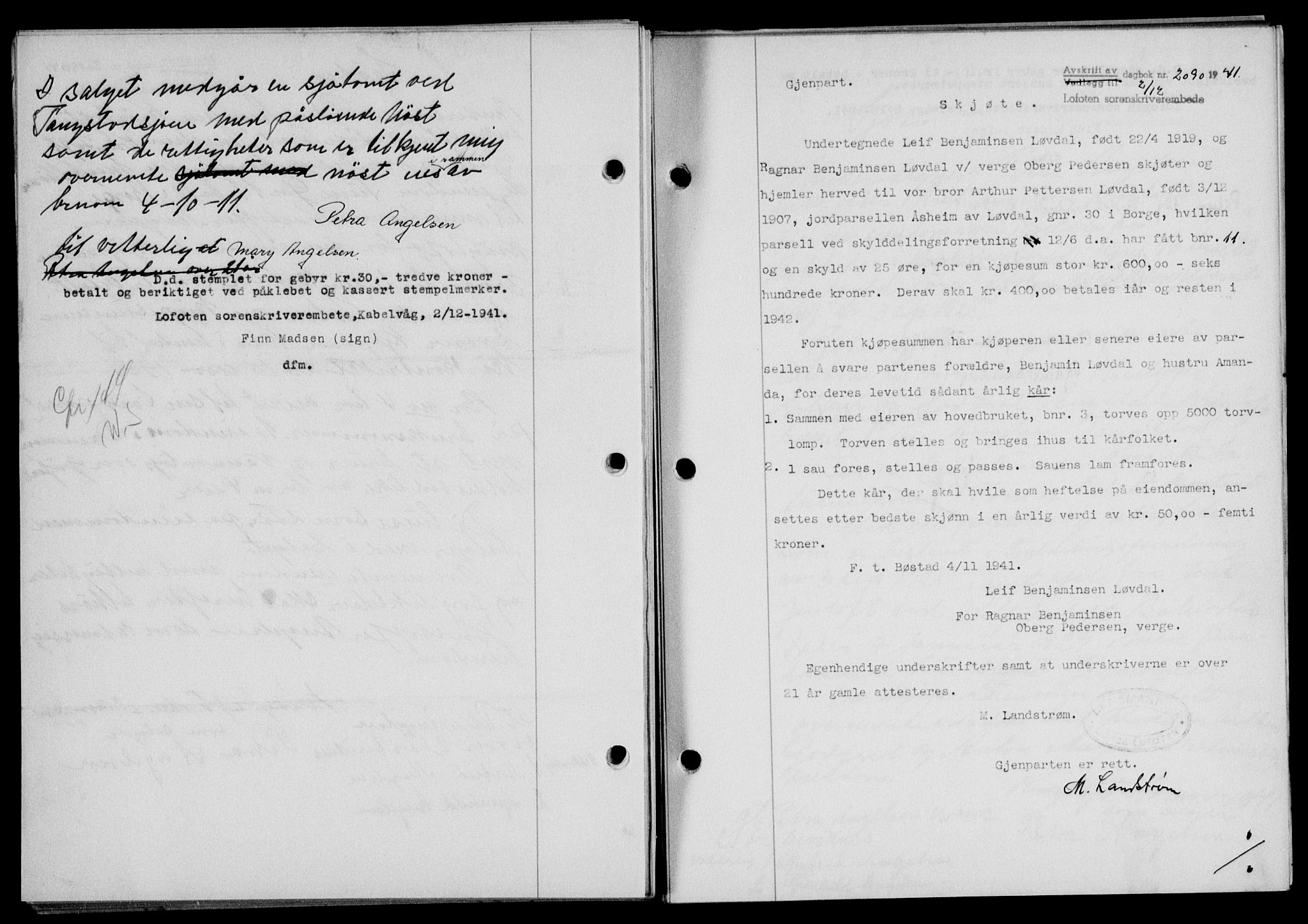 Lofoten sorenskriveri, SAT/A-0017/1/2/2C/L0009a: Mortgage book no. 9a, 1941-1942, Diary no: : 2090/1941