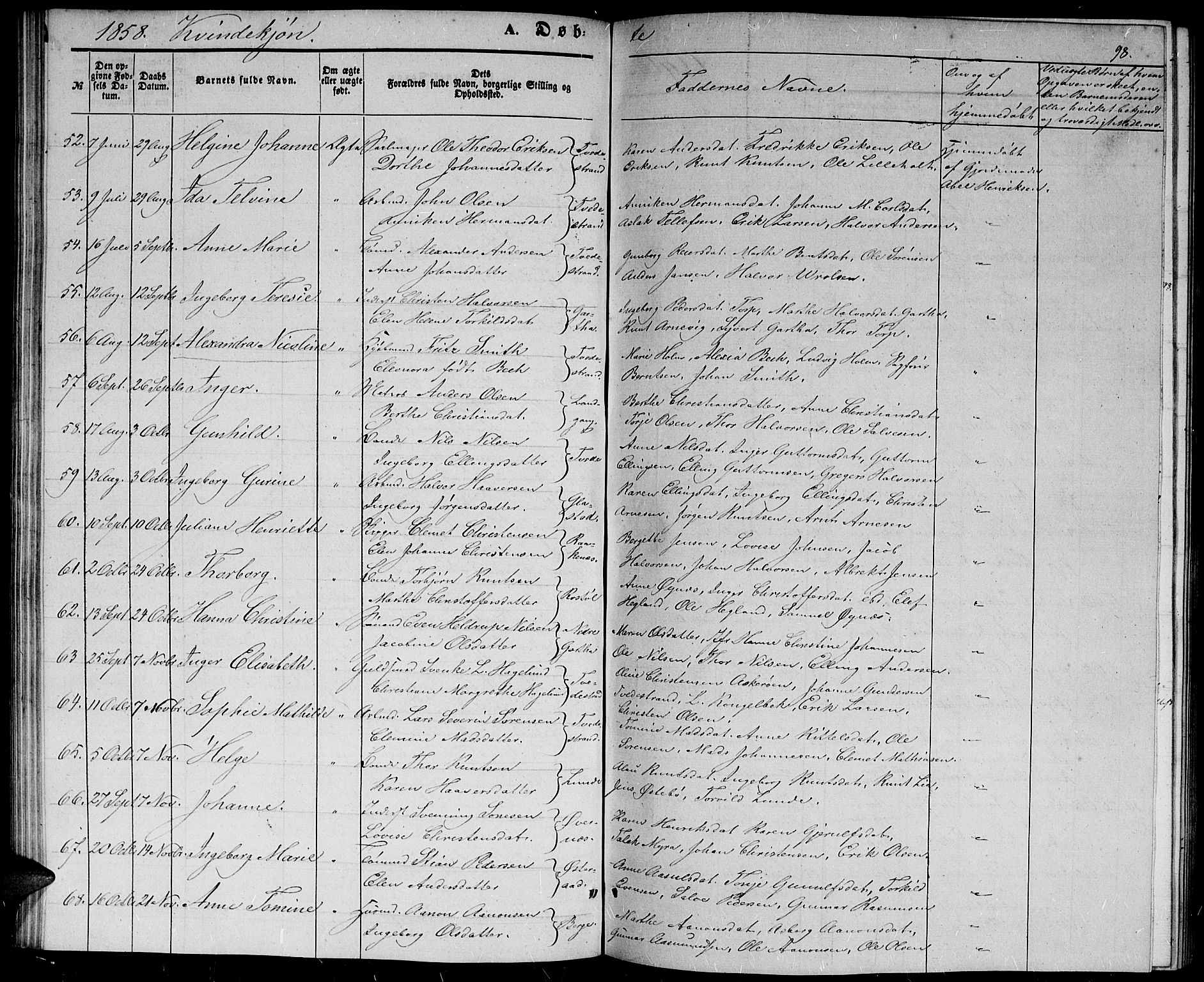 Holt sokneprestkontor, SAK/1111-0021/F/Fb/L0007: Parish register (copy) no. B 7, 1849-1858, p. 98