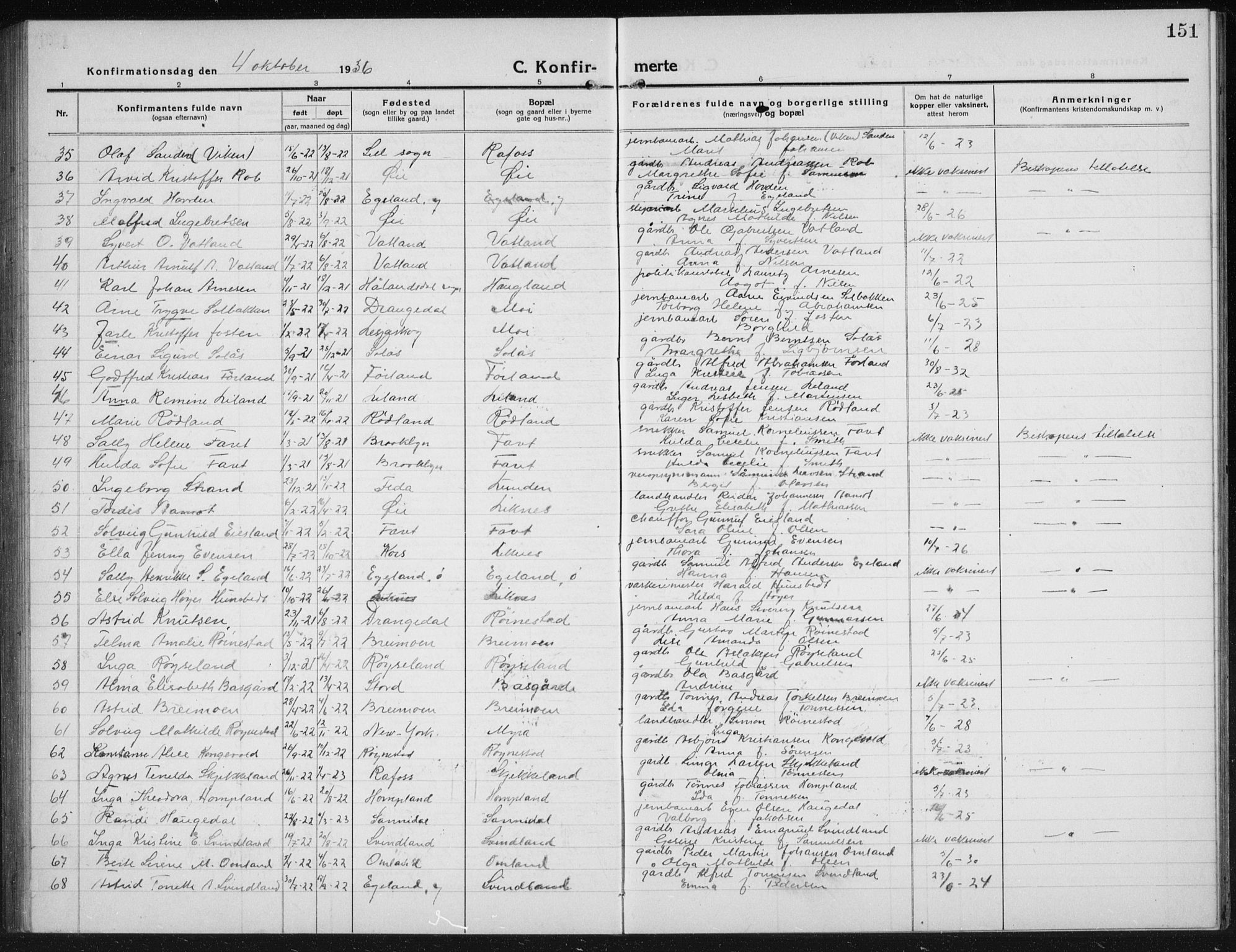 Kvinesdal sokneprestkontor, SAK/1111-0026/F/Fb/Fbb/L0004: Parish register (copy) no. B 4, 1917-1938, p. 151