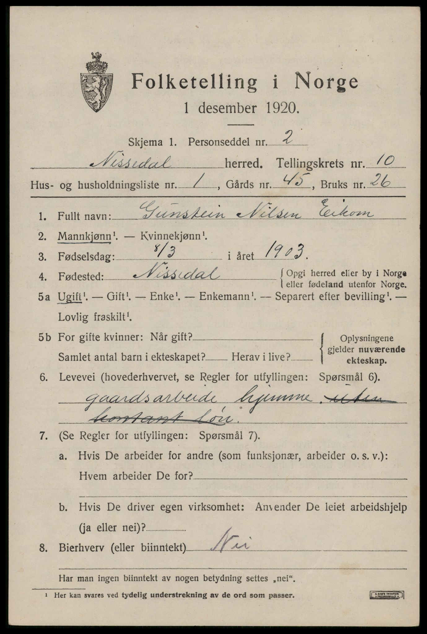 SAKO, 1920 census for Nissedal, 1920, p. 3889