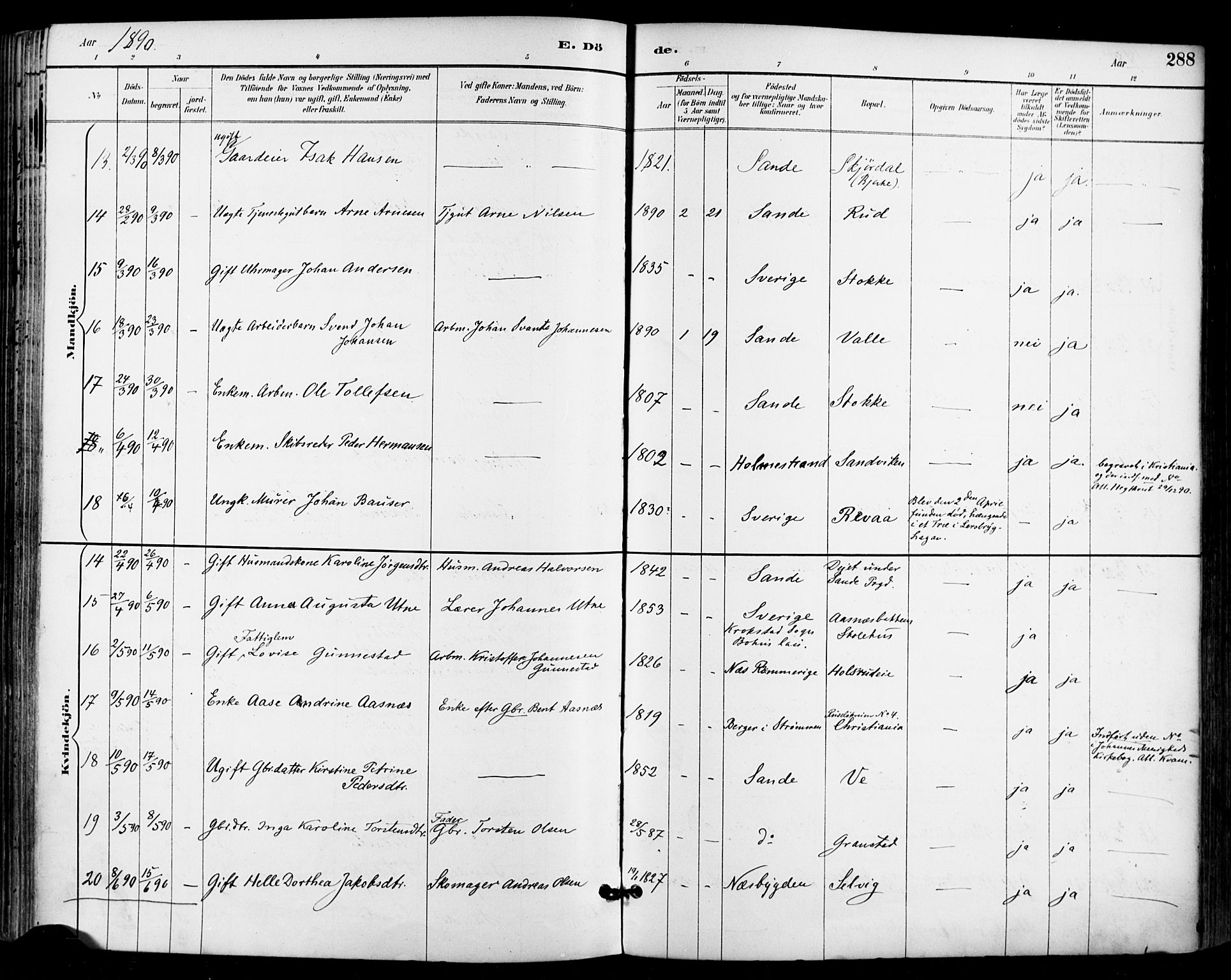 Sande Kirkebøker, AV/SAKO-A-53/F/Fa/L0007: Parish register (official) no. 7, 1888-1903, p. 288