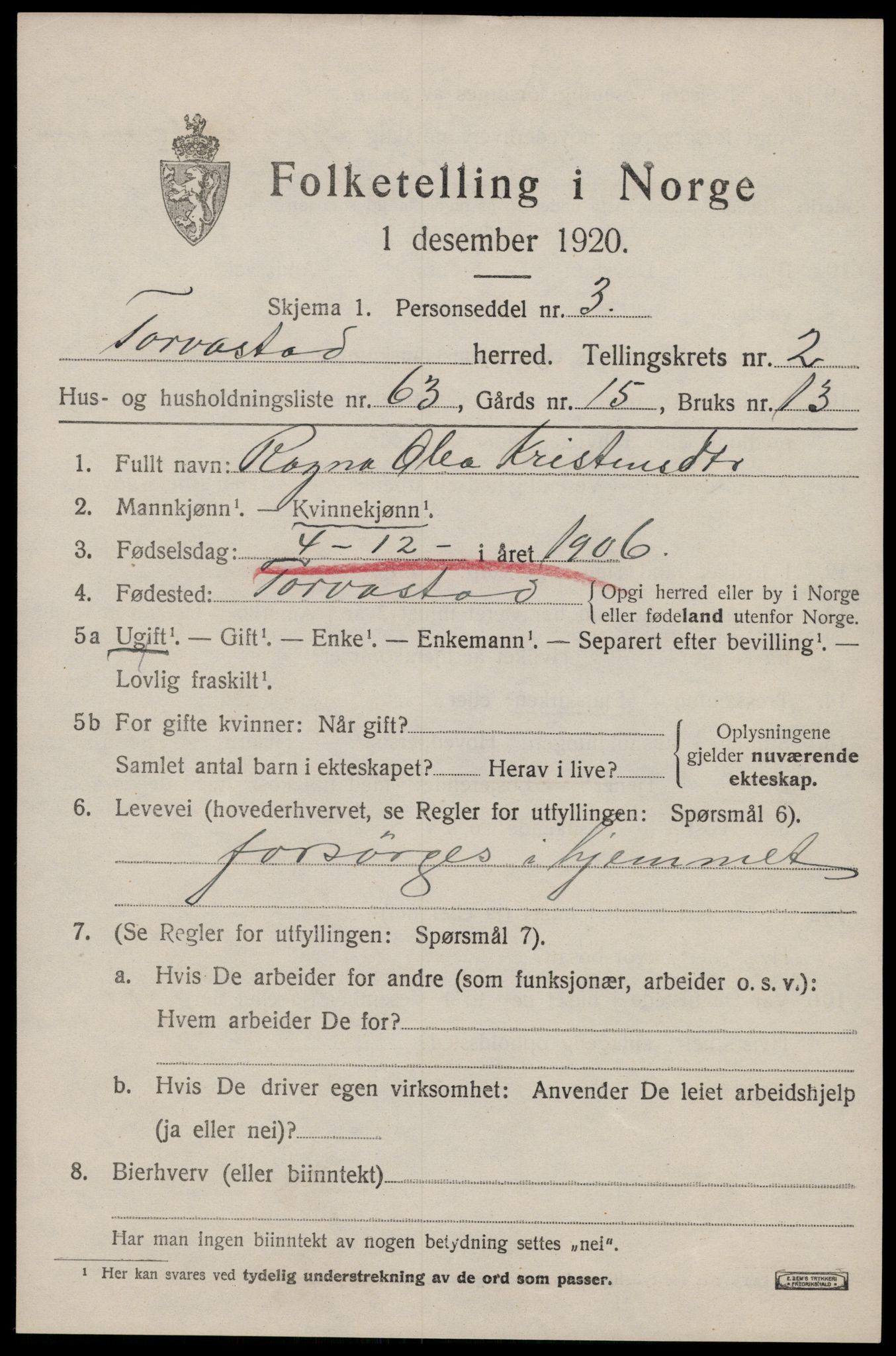 SAST, 1920 census for Torvastad, 1920, p. 2604