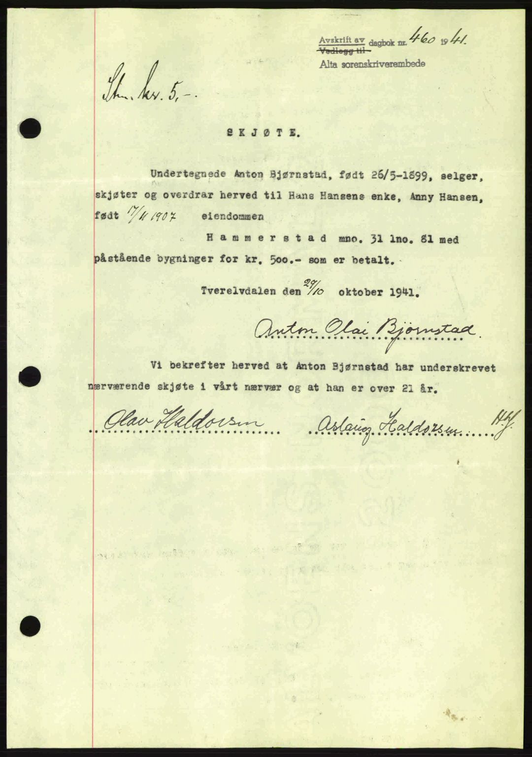 Alta fogderi/sorenskriveri, SATØ/SATØ-5/1/K/Kd/L0033pantebok: Mortgage book no. 33, 1940-1943, Diary no: : 460/1941