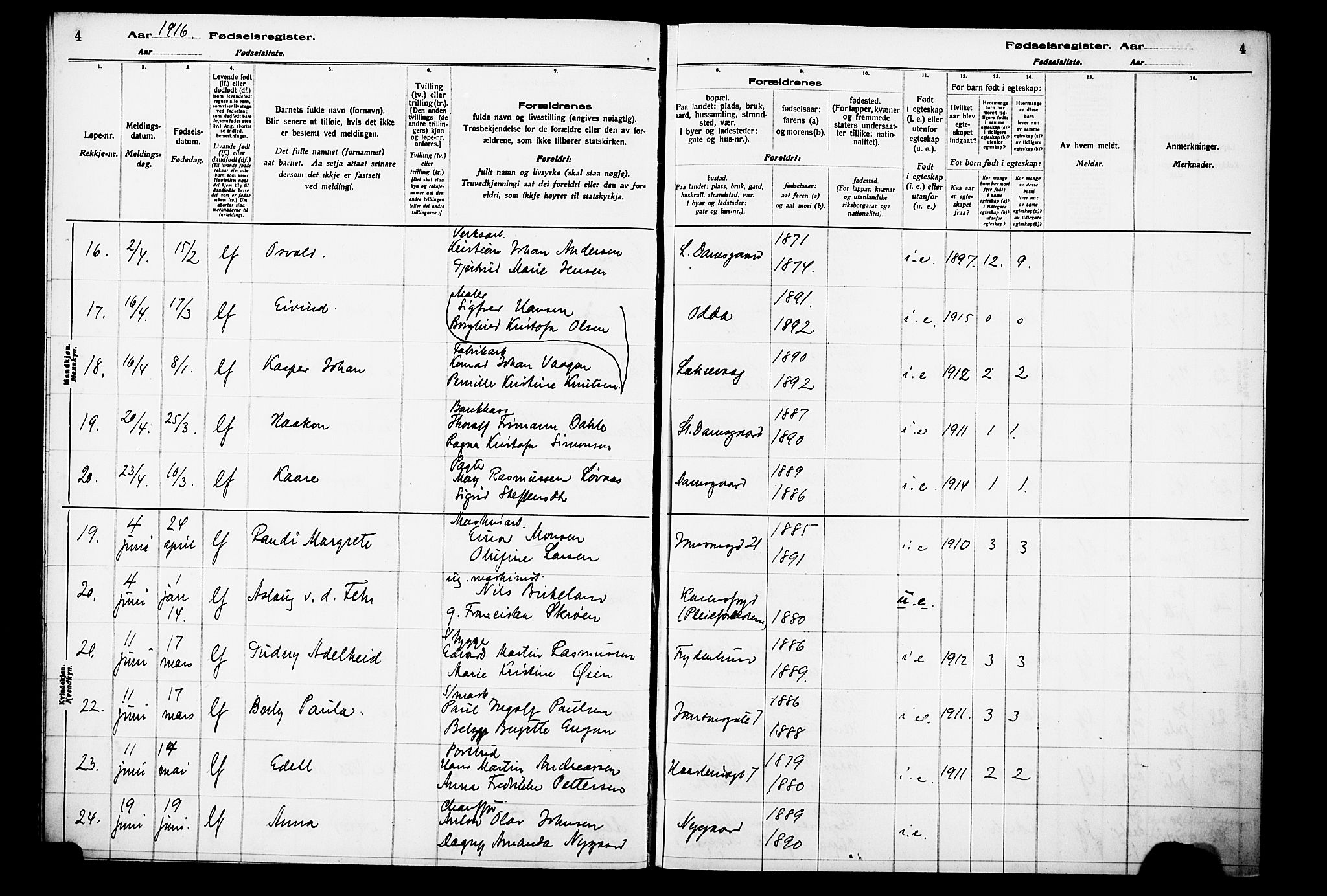 Laksevåg Sokneprestembete, AV/SAB-A-76501/I/Id/L00A1: Birth register no. A 1, 1916-1926, p. 4