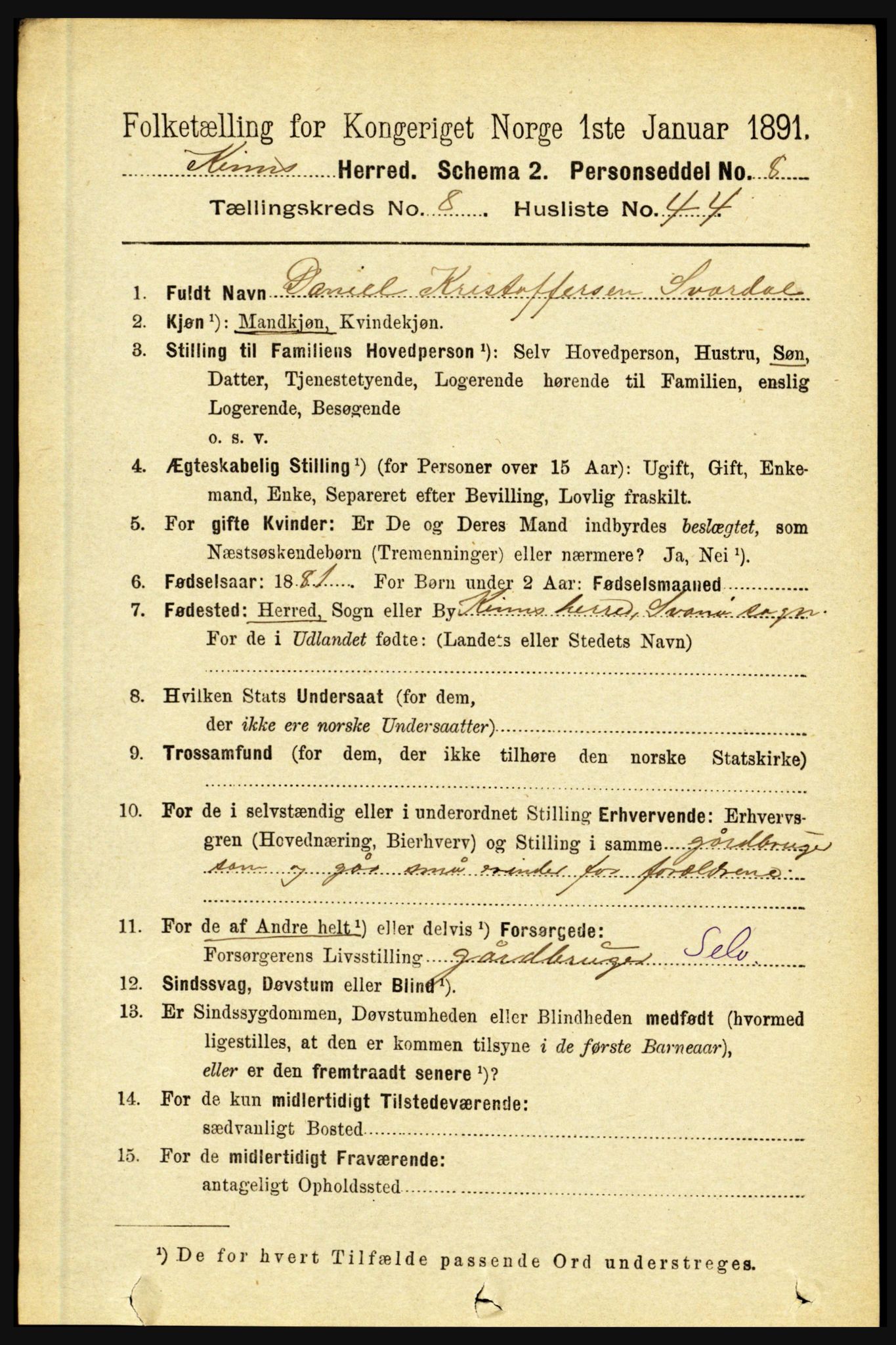 RA, 1891 census for 1437 Kinn, 1891, p. 3386