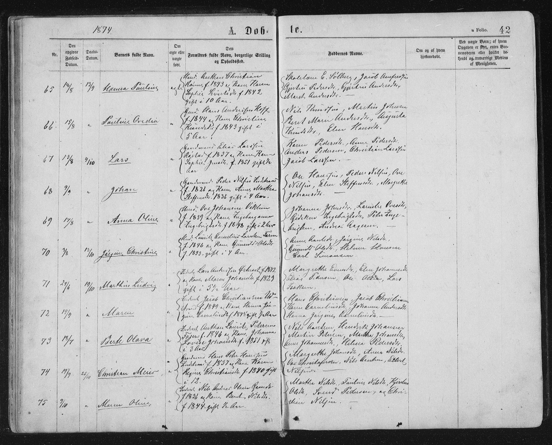 Ministerialprotokoller, klokkerbøker og fødselsregistre - Sør-Trøndelag, SAT/A-1456/659/L0745: Parish register (copy) no. 659C02, 1869-1892, p. 42
