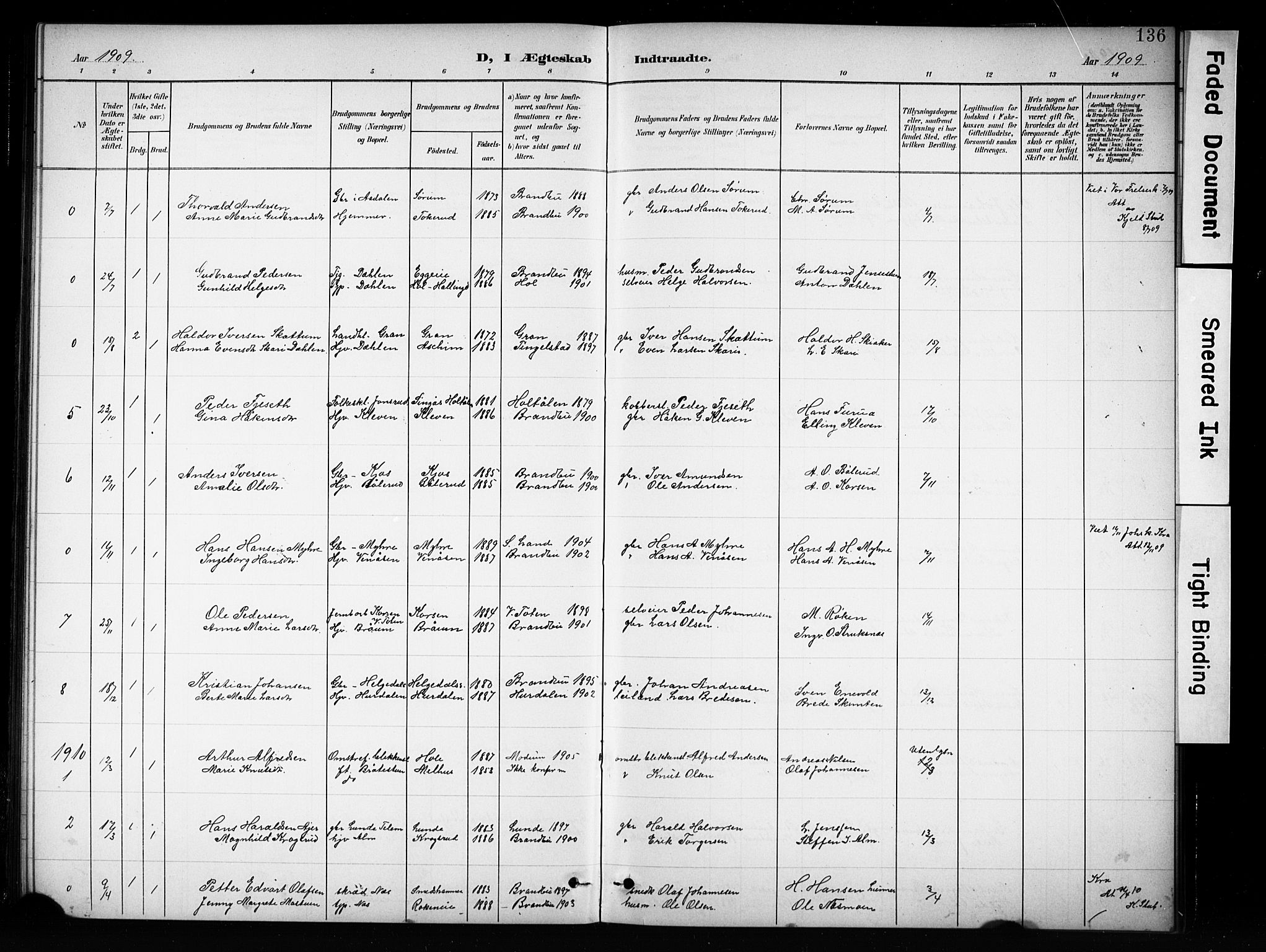 Brandbu prestekontor, SAH/PREST-114/H/Ha/Hab/L0005: Parish register (copy) no. 5, 1900-1913, p. 136