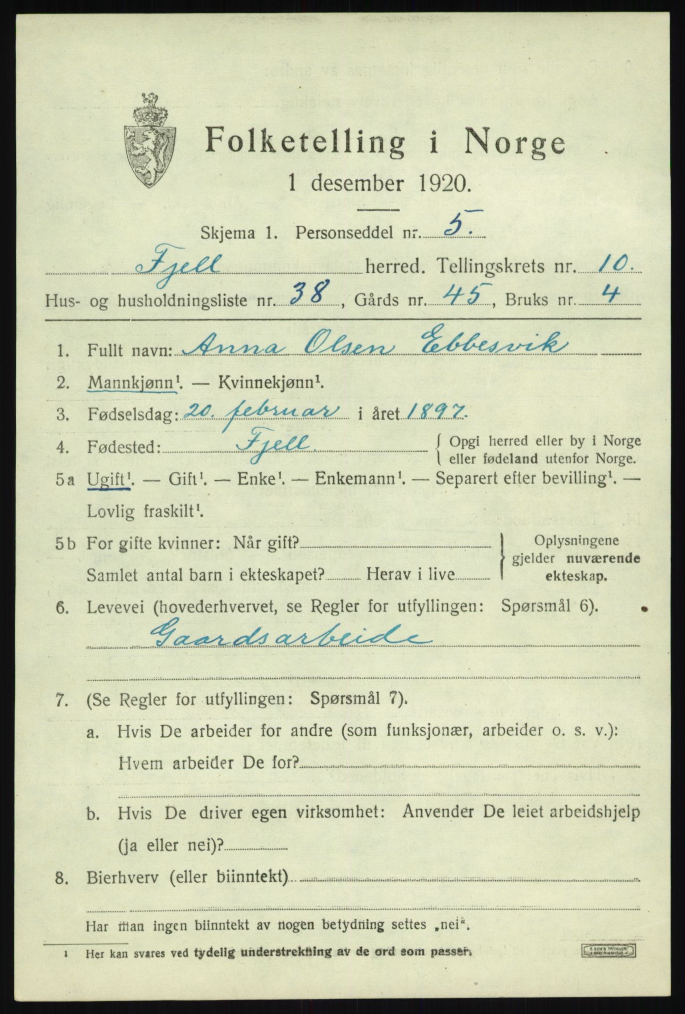 SAB, 1920 census for Fjell, 1920, p. 9596