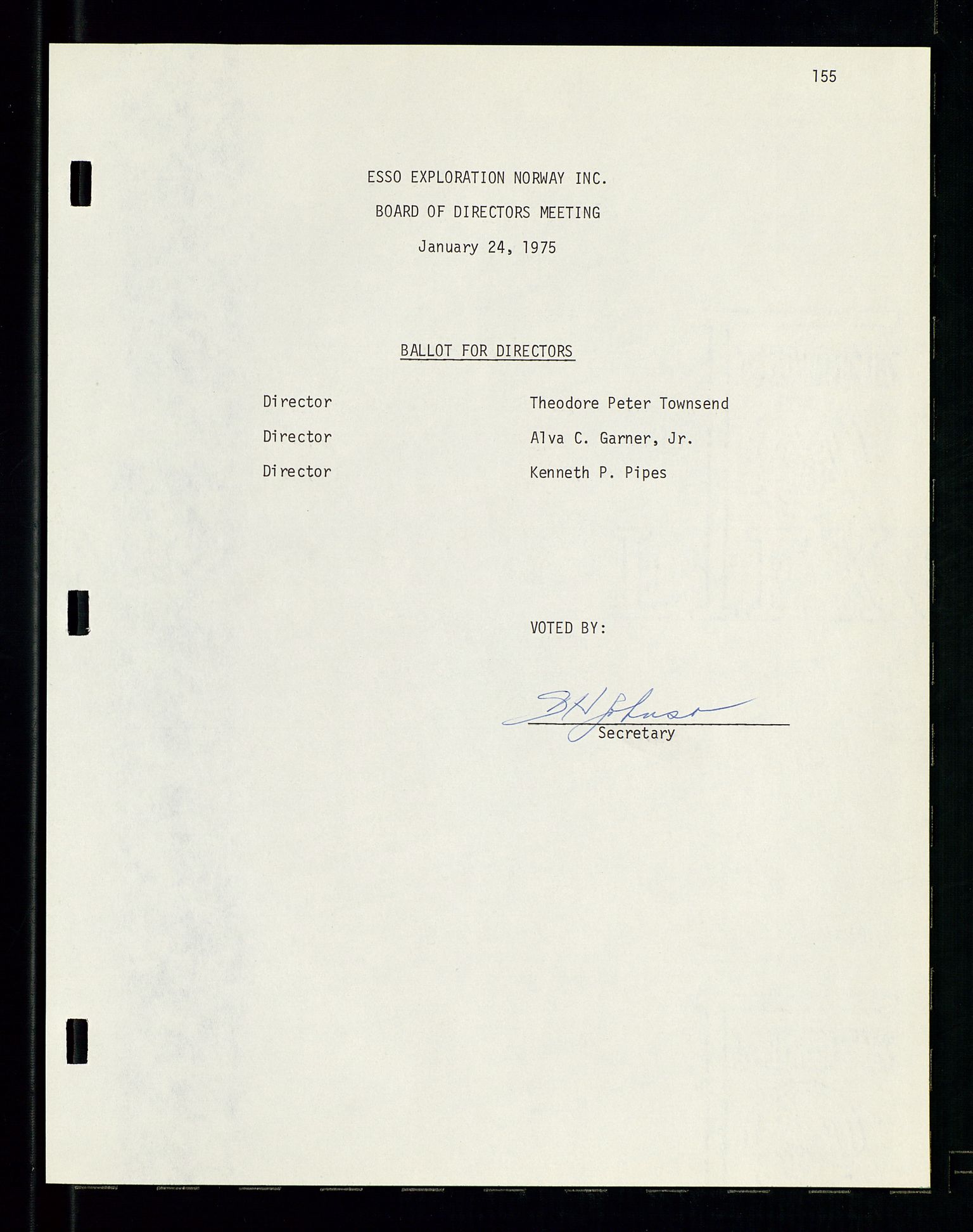 Pa 1512 - Esso Exploration and Production Norway Inc., AV/SAST-A-101917/A/Aa/L0001/0001: Styredokumenter / Corporate records, By-Laws, Board meeting minutes, Incorporations, 1965-1975, p. 155