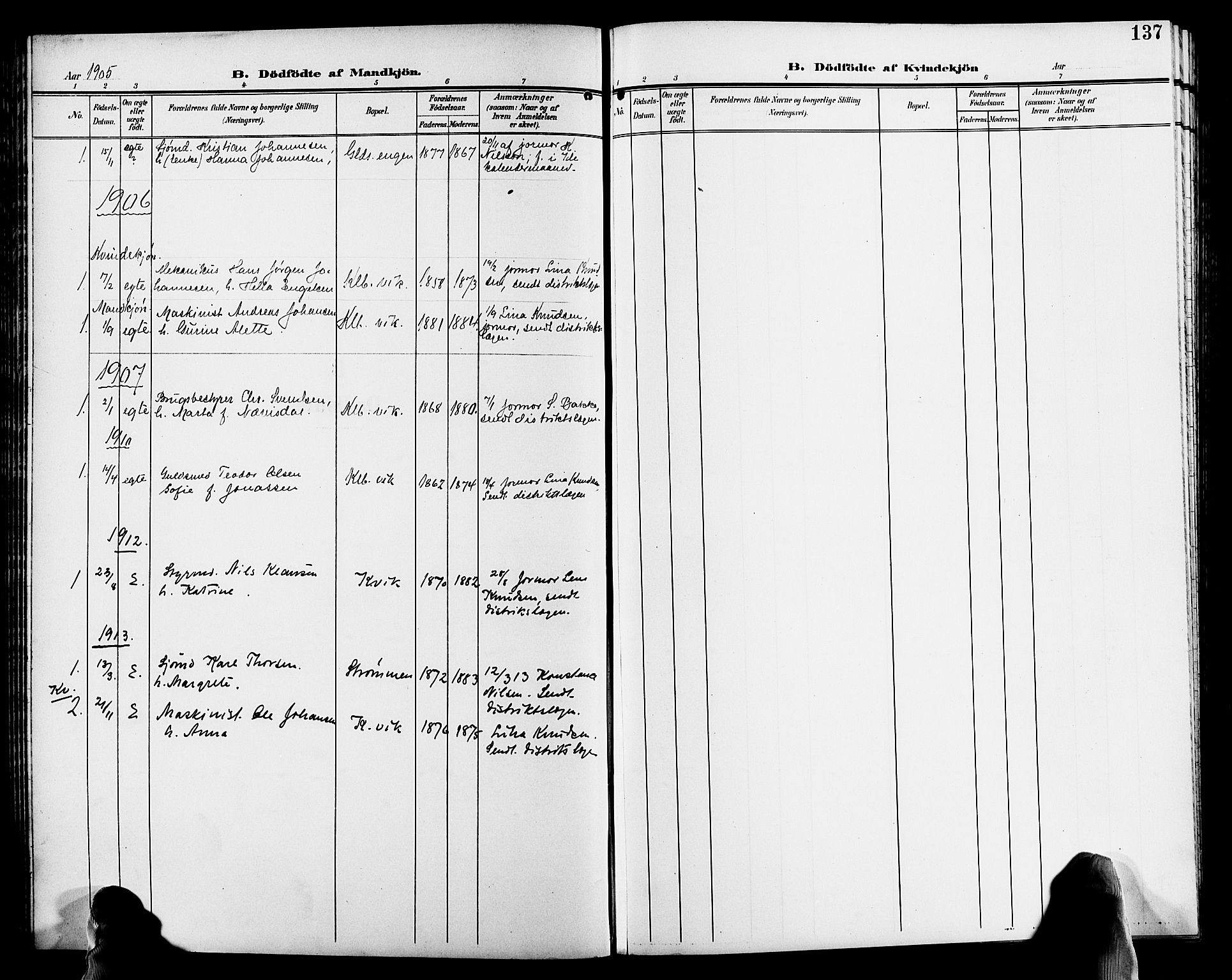 Hisøy sokneprestkontor, AV/SAK-1111-0020/F/Fb/L0004: Parish register (copy) no. B 4, 1905-1923, p. 137