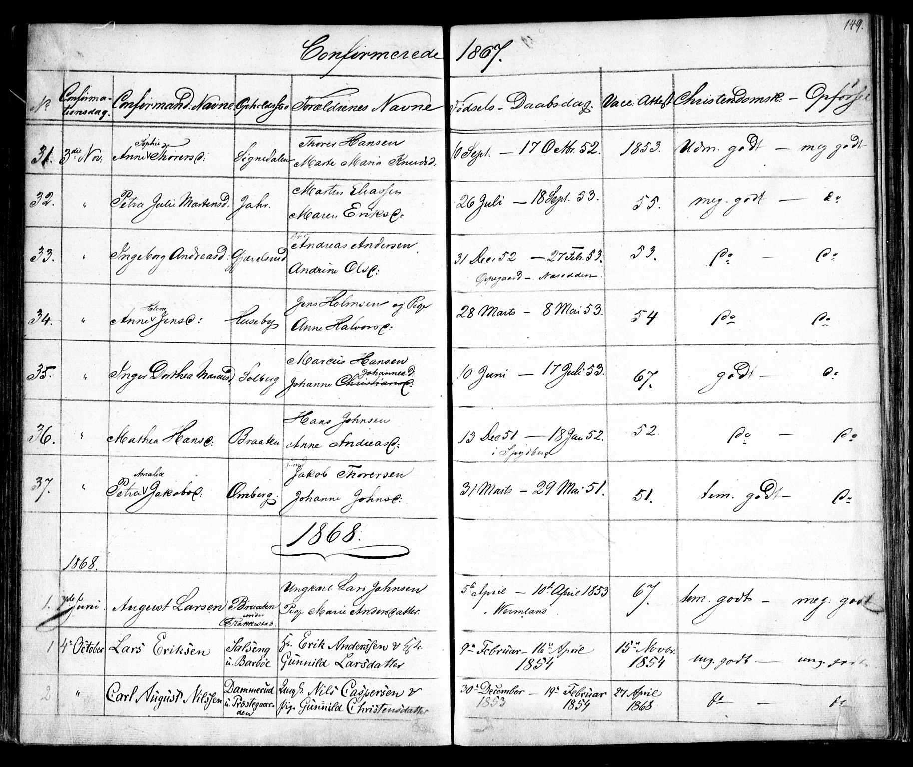 Enebakk prestekontor Kirkebøker, AV/SAO-A-10171c/F/Fa/L0010: Parish register (official) no. I 10, 1829-1876, p. 149