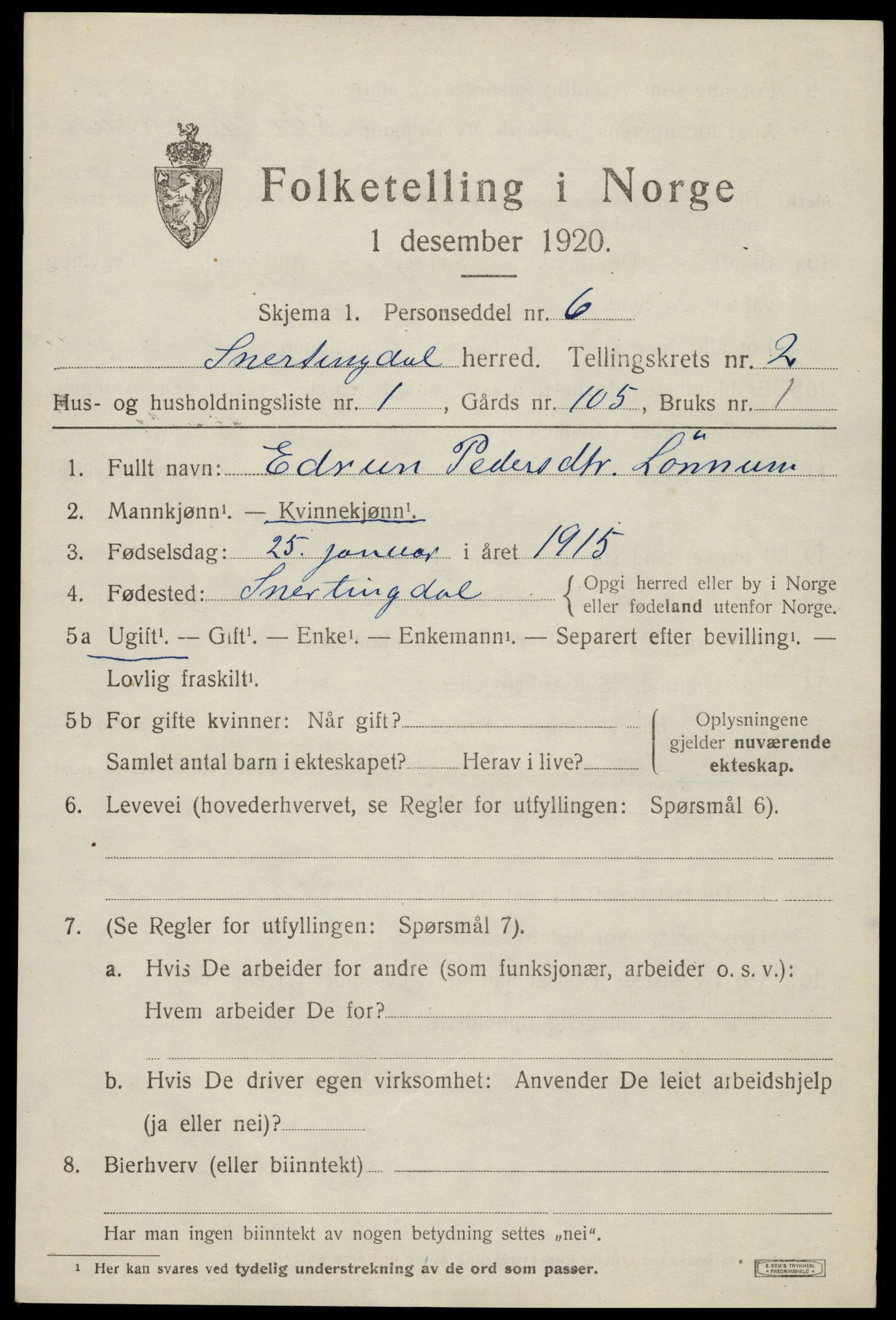 SAH, 1920 census for Snertingdal, 1920, p. 1369