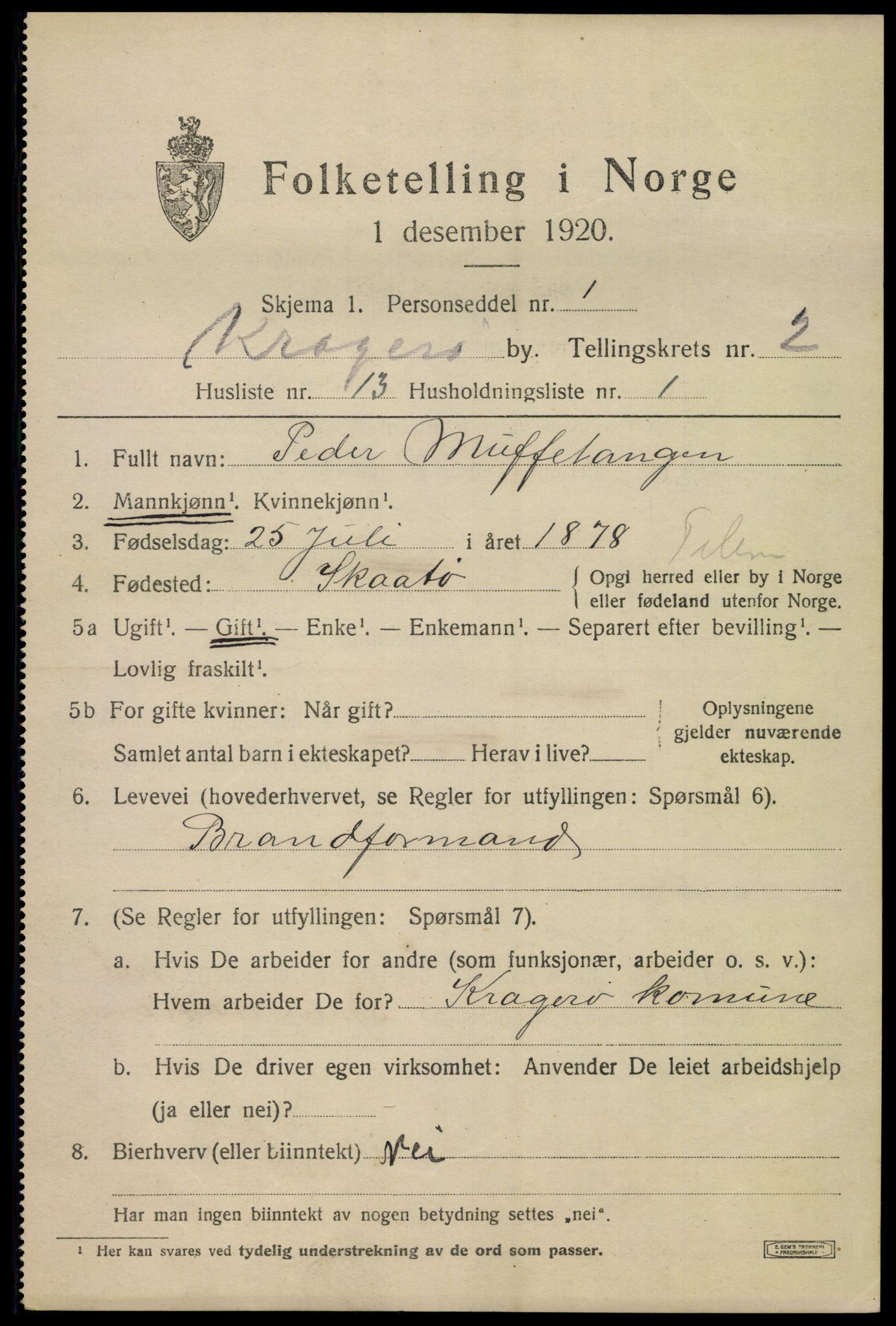SAKO, 1920 census for Kragerø, 1920, p. 5449