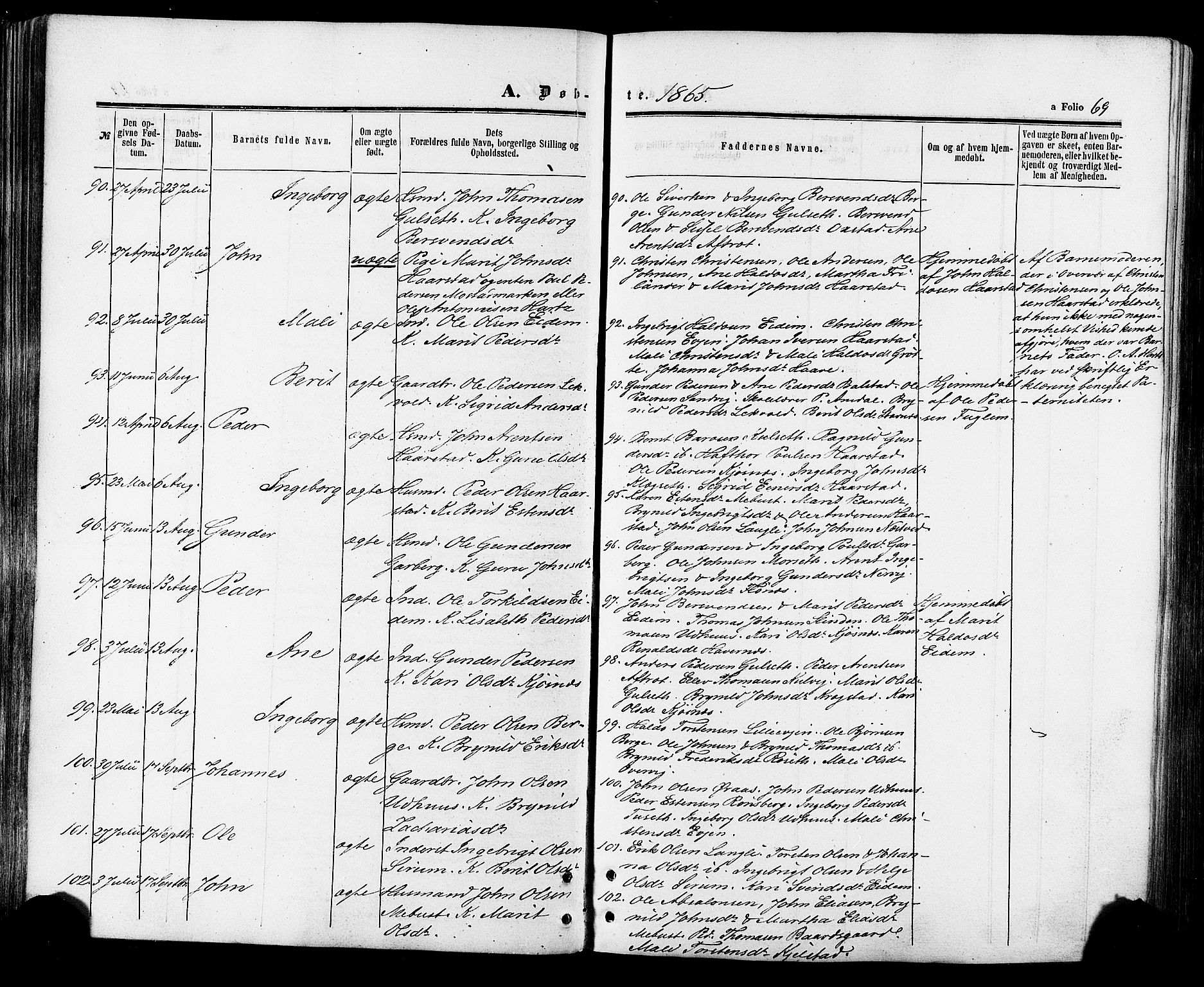Ministerialprotokoller, klokkerbøker og fødselsregistre - Sør-Trøndelag, SAT/A-1456/695/L1147: Parish register (official) no. 695A07, 1860-1877, p. 69
