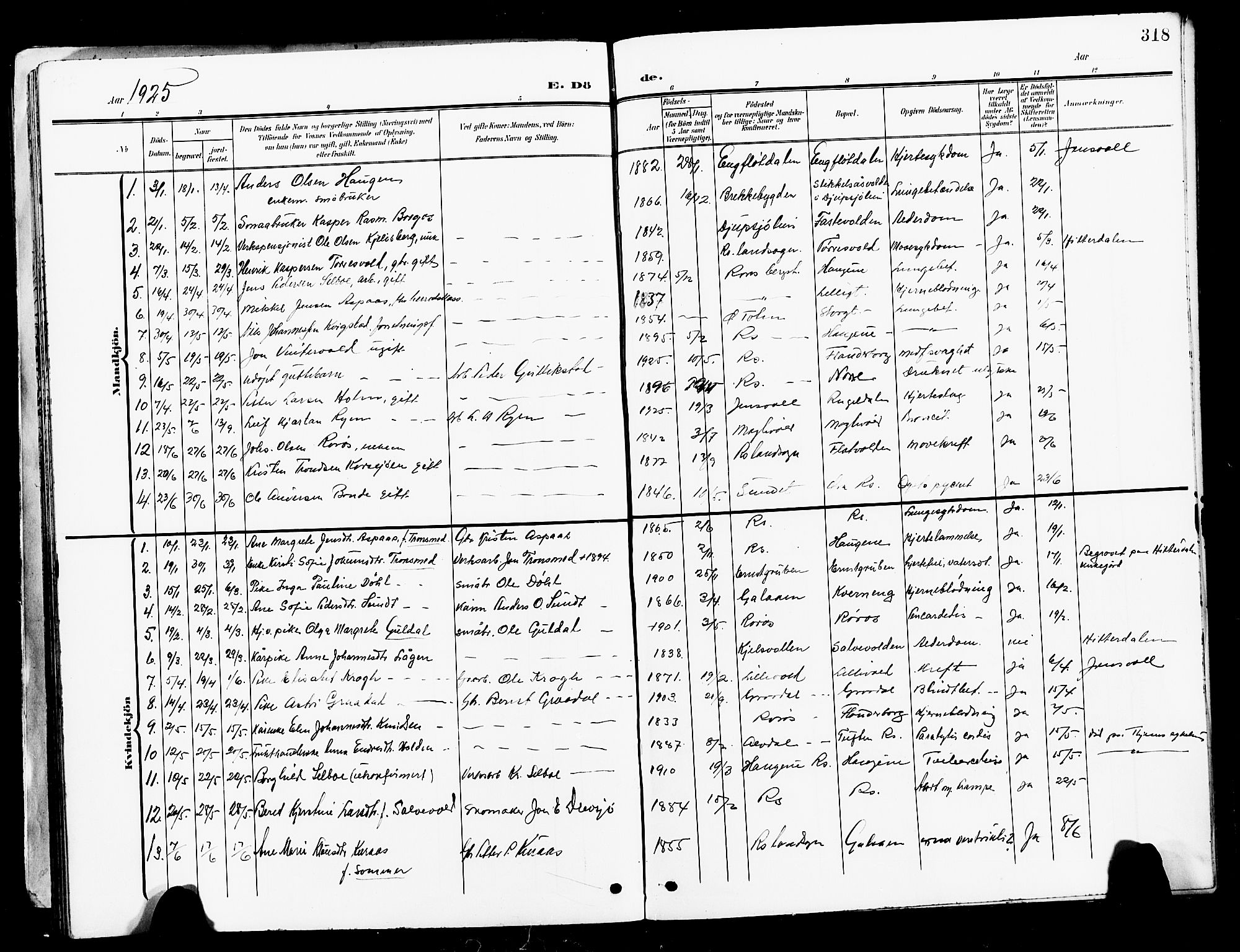 Ministerialprotokoller, klokkerbøker og fødselsregistre - Sør-Trøndelag, SAT/A-1456/681/L0942: Parish register (copy) no. 681C06, 1906-1925, p. 318