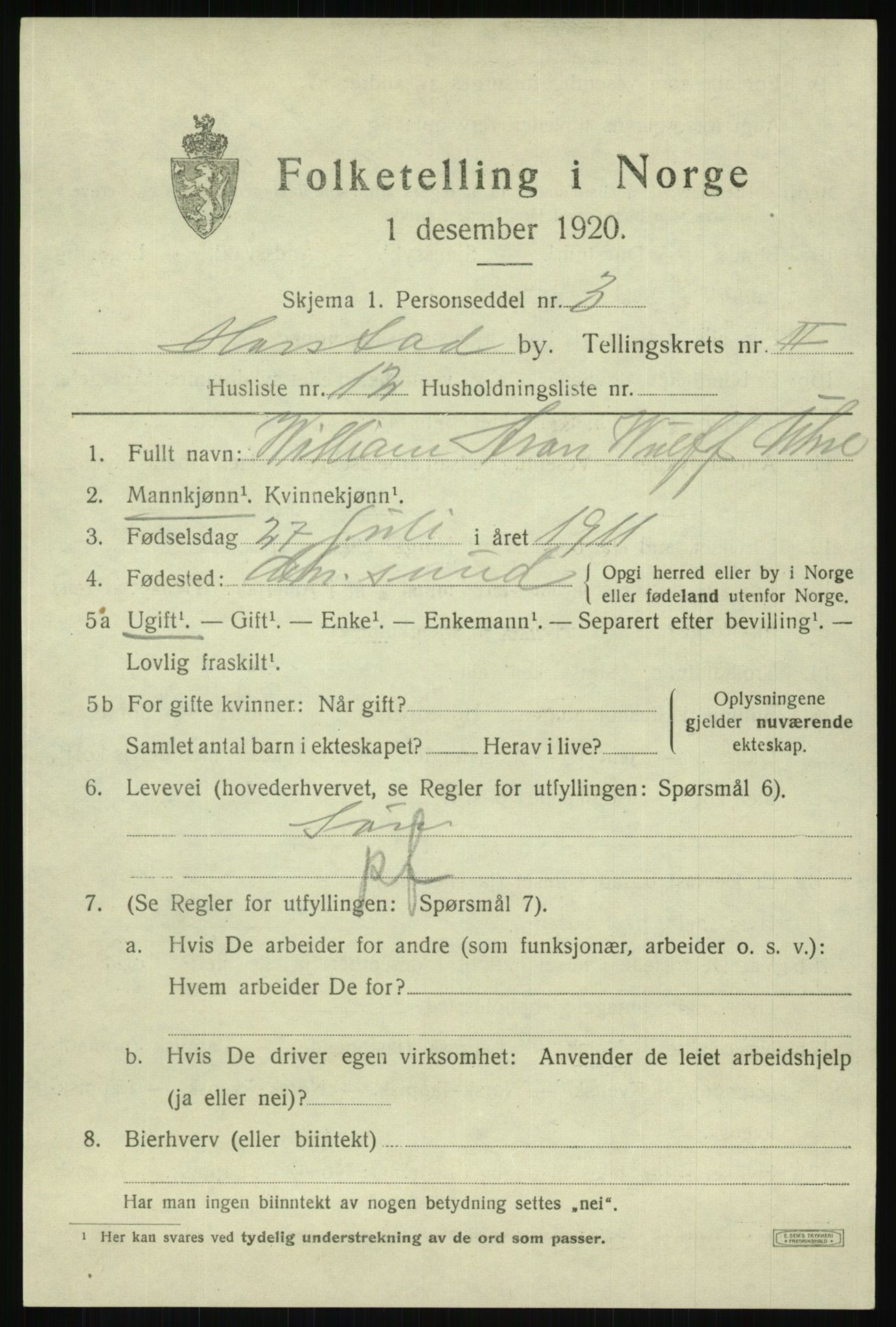 SATØ, 1920 census for Harstad, 1920, p. 3270