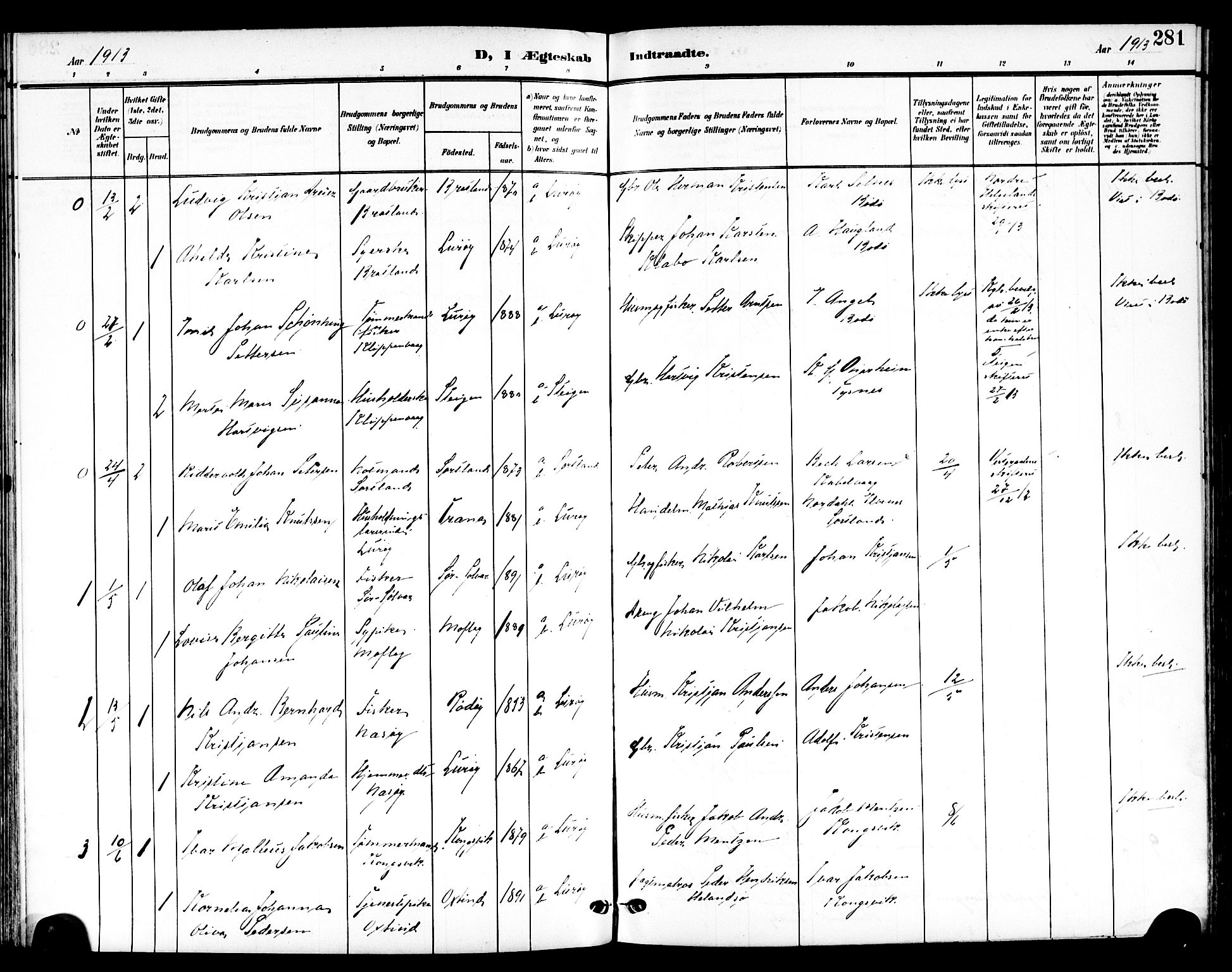 Ministerialprotokoller, klokkerbøker og fødselsregistre - Nordland, AV/SAT-A-1459/839/L0569: Parish register (official) no. 839A06, 1903-1922, p. 281