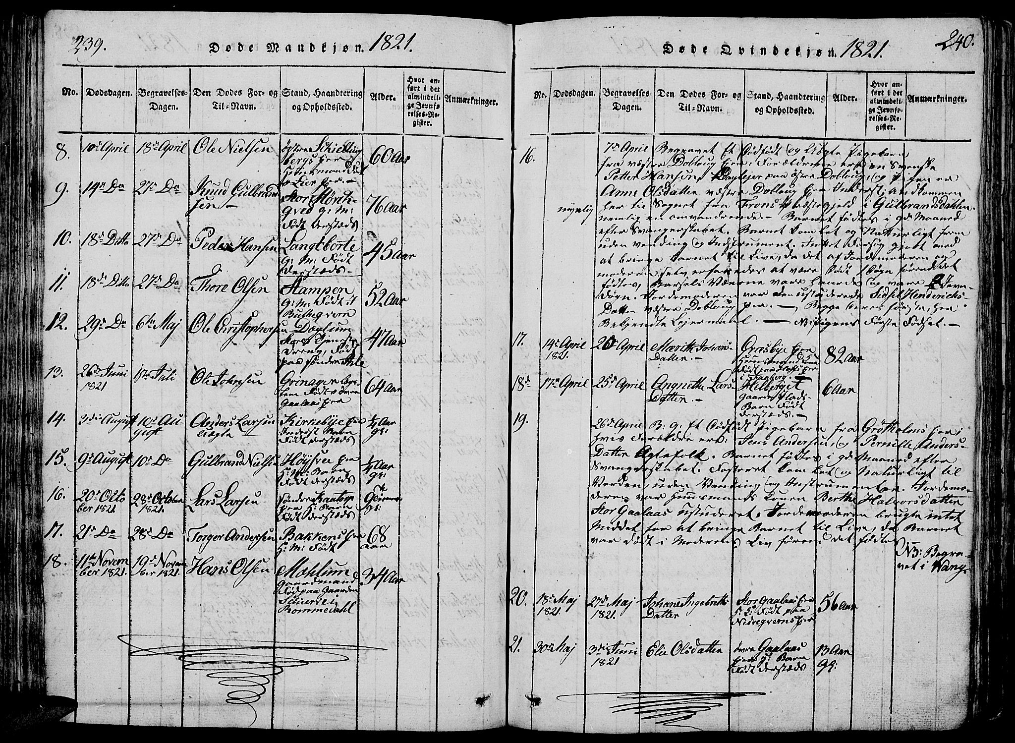 Vang prestekontor, Hedmark, SAH/PREST-008/H/Ha/Hab/L0005: Parish register (copy) no. 5, 1815-1836, p. 239-240