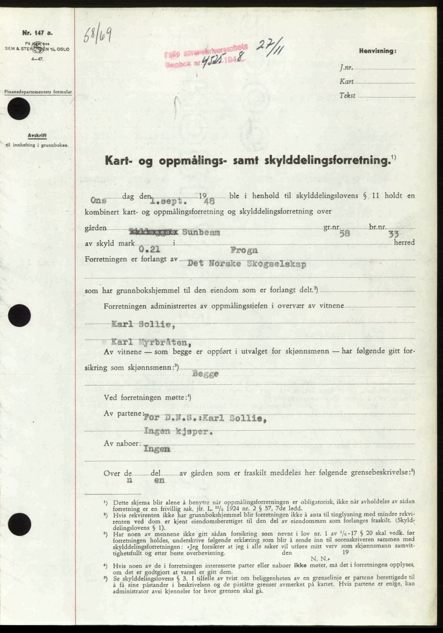 Follo sorenskriveri, SAO/A-10274/G/Ga/Gaa/L0085: Mortgage book no. I 85, 1948-1948, Diary no: : 4525/1948
