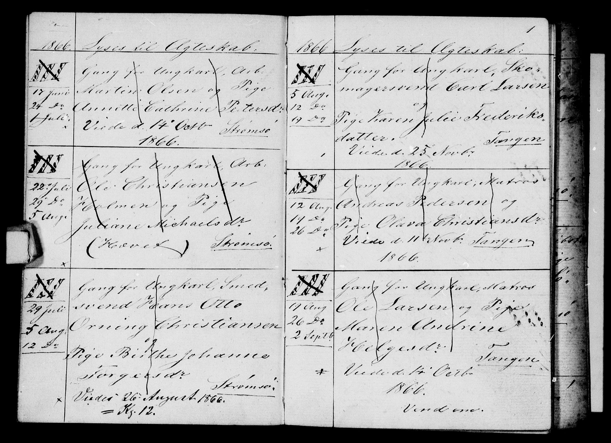 Strømsø kirkebøker, AV/SAKO-A-246/H/Ha/L0003: Banns register no. 3, 1866-1874, p. 1