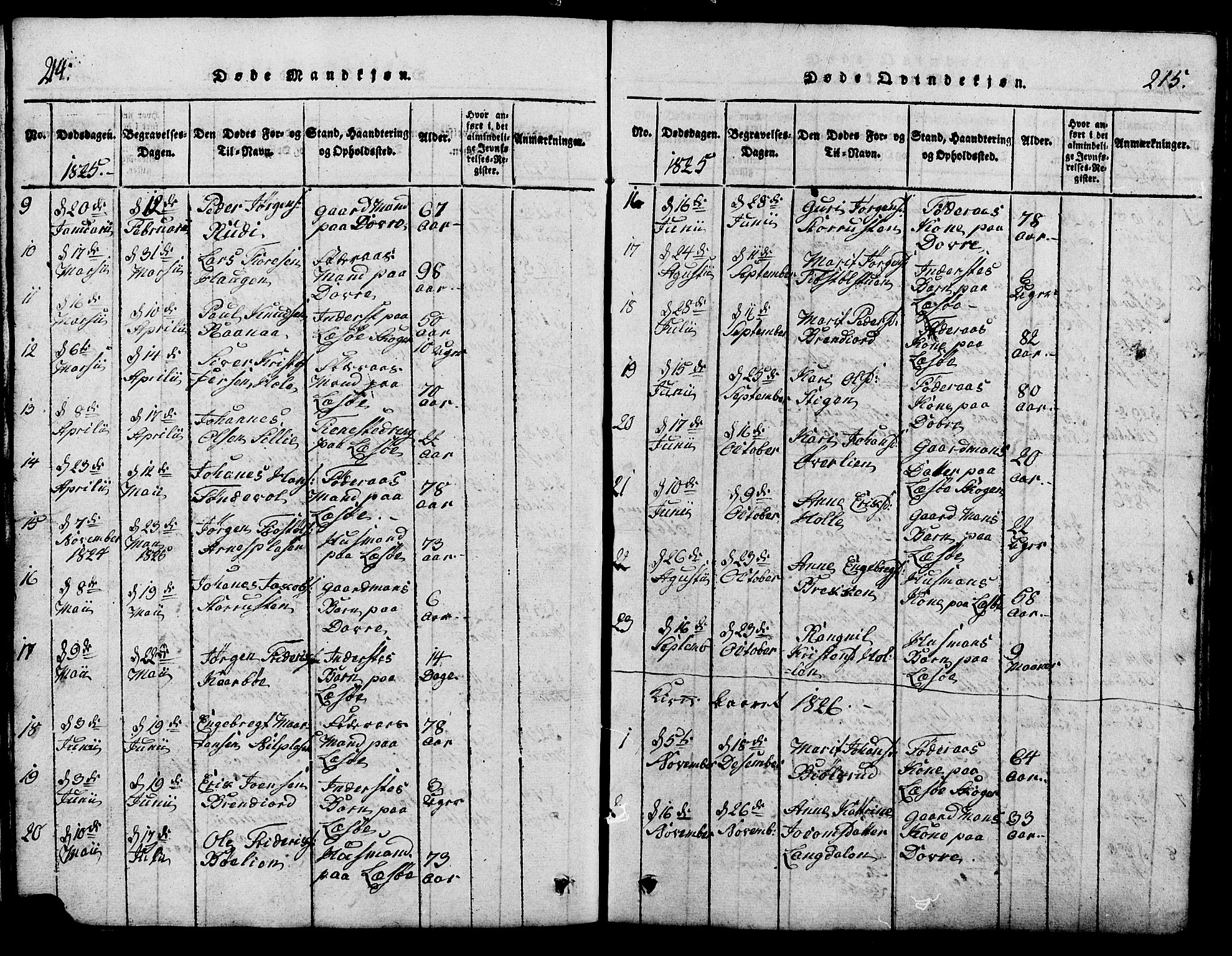 Lesja prestekontor, SAH/PREST-068/H/Ha/Hab/L0001: Parish register (copy) no. 1, 1820-1831, p. 214-215