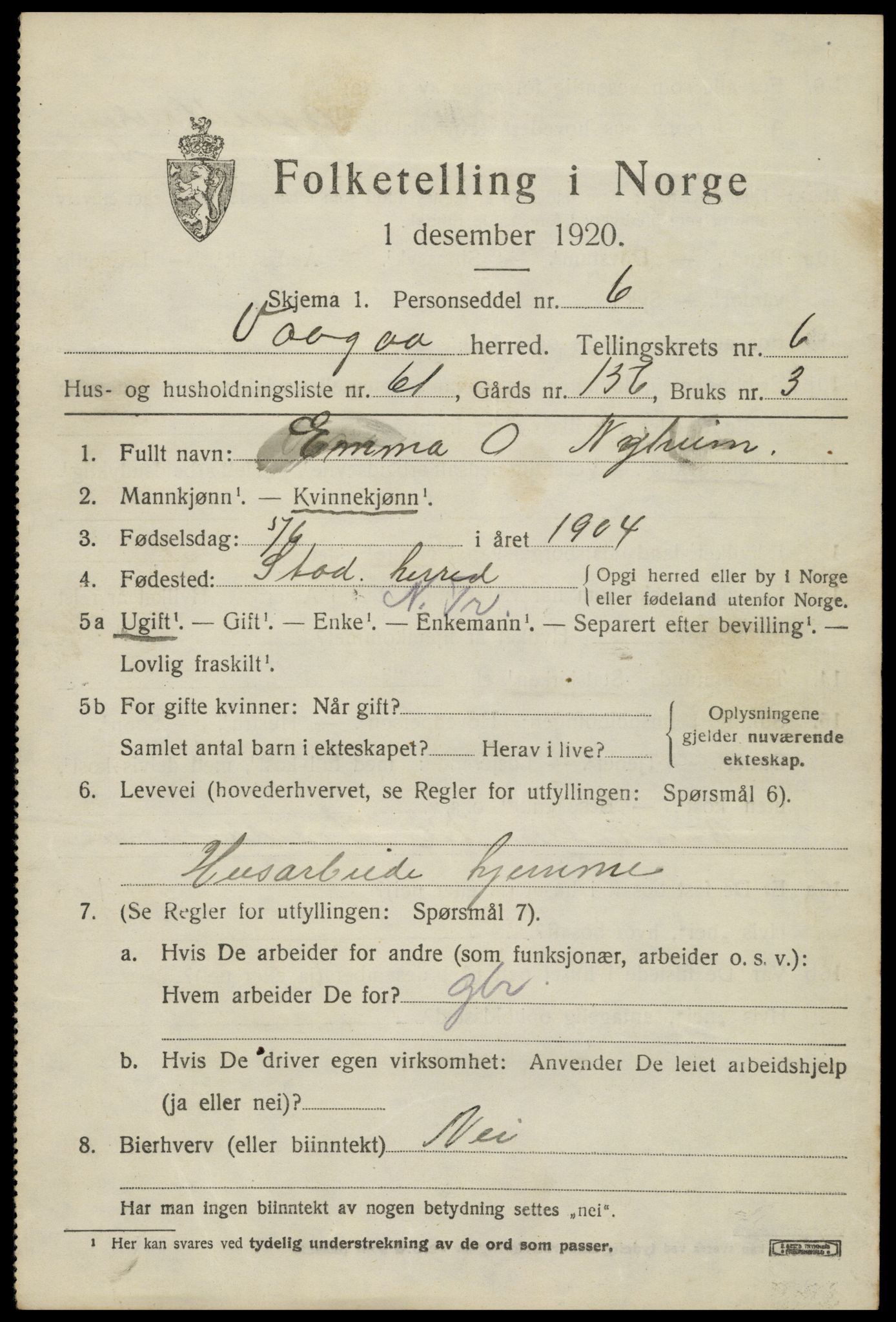 SAH, 1920 census for Vågå, 1920, p. 5296