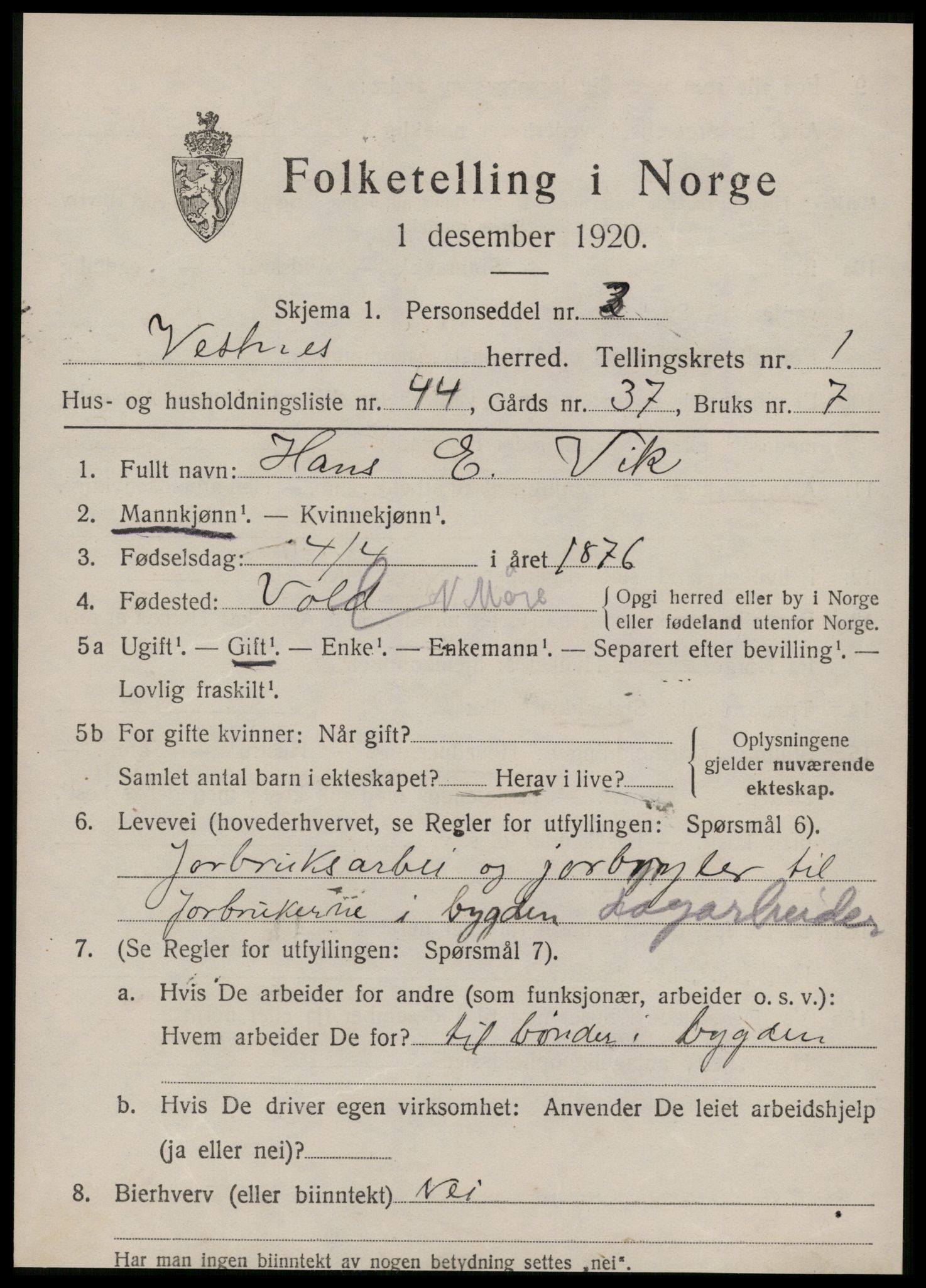 SAT, 1920 census for Vestnes, 1920, p. 1751
