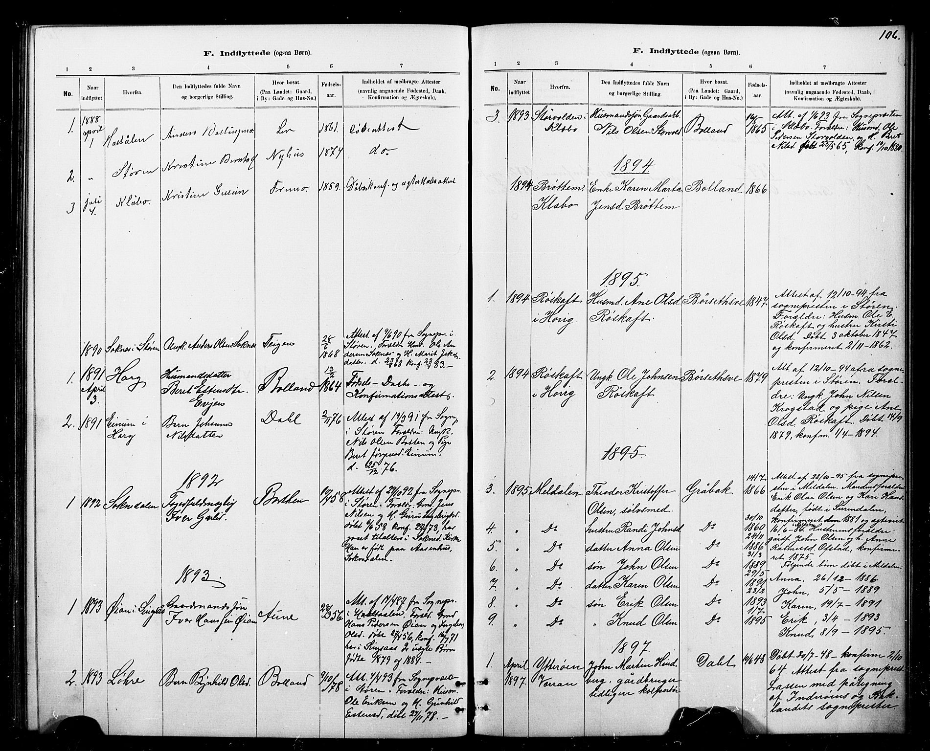 Ministerialprotokoller, klokkerbøker og fødselsregistre - Sør-Trøndelag, SAT/A-1456/693/L1123: Parish register (copy) no. 693C04, 1887-1910, p. 106