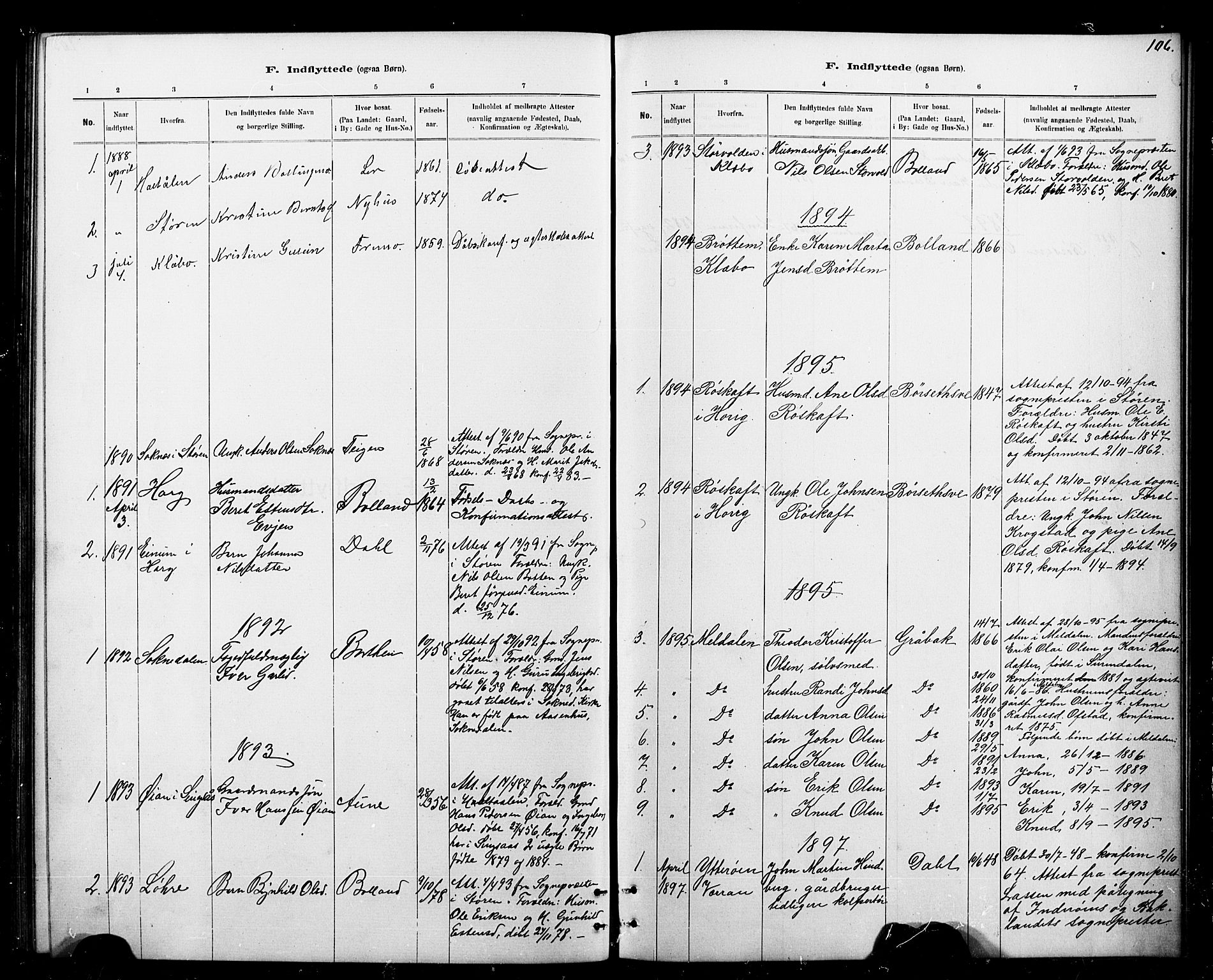 Ministerialprotokoller, klokkerbøker og fødselsregistre - Sør-Trøndelag, AV/SAT-A-1456/693/L1123: Parish register (copy) no. 693C04, 1887-1910, p. 106