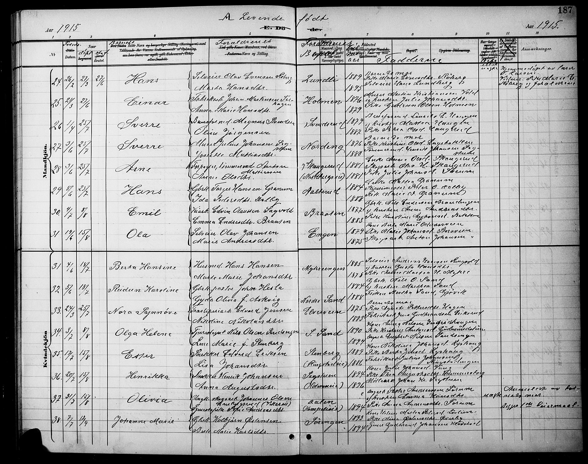 Søndre Land prestekontor, AV/SAH-PREST-122/L/L0004: Parish register (copy) no. 4, 1901-1915, p. 187