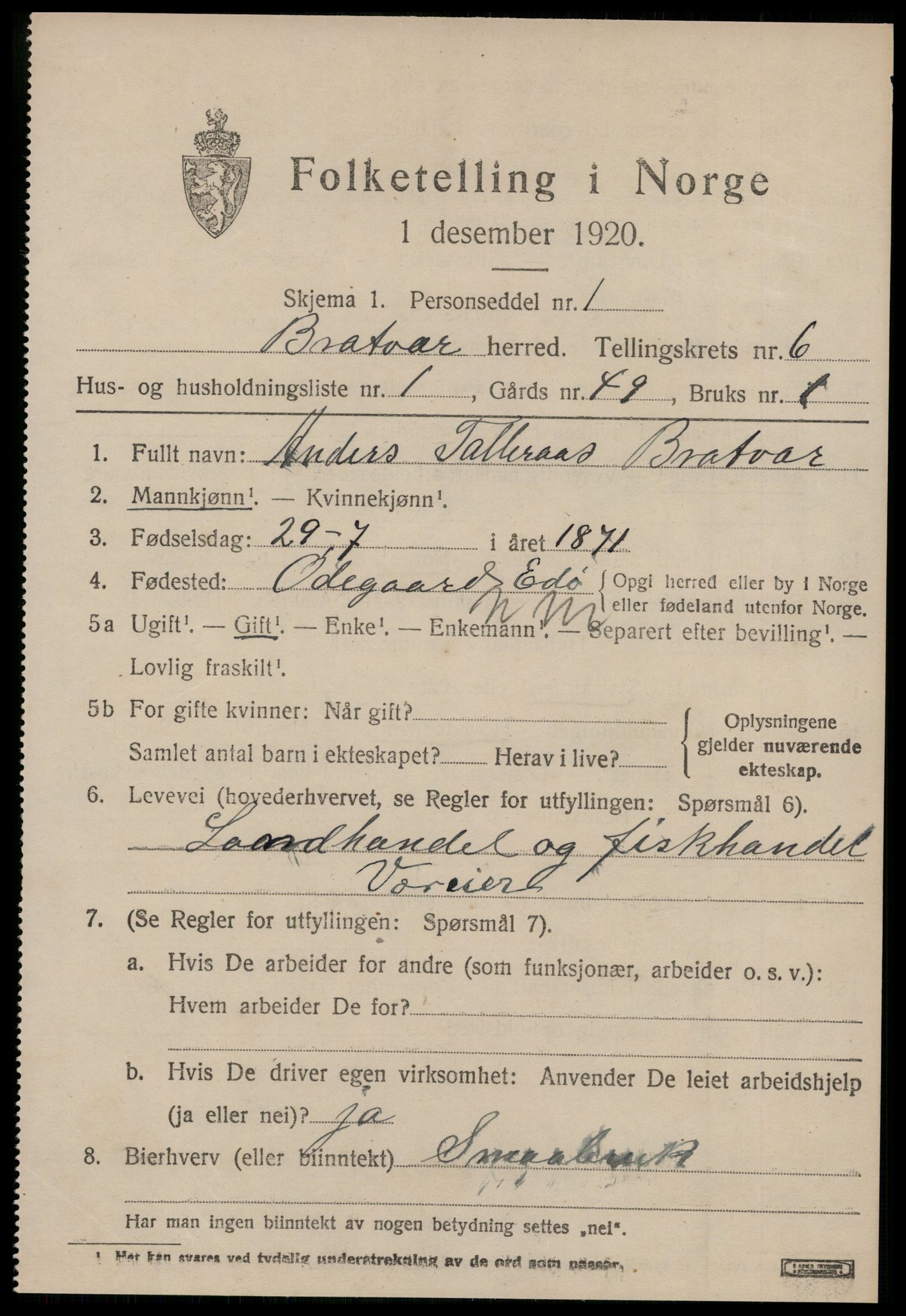 SAT, 1920 census for Brattvær, 1920, p. 3042