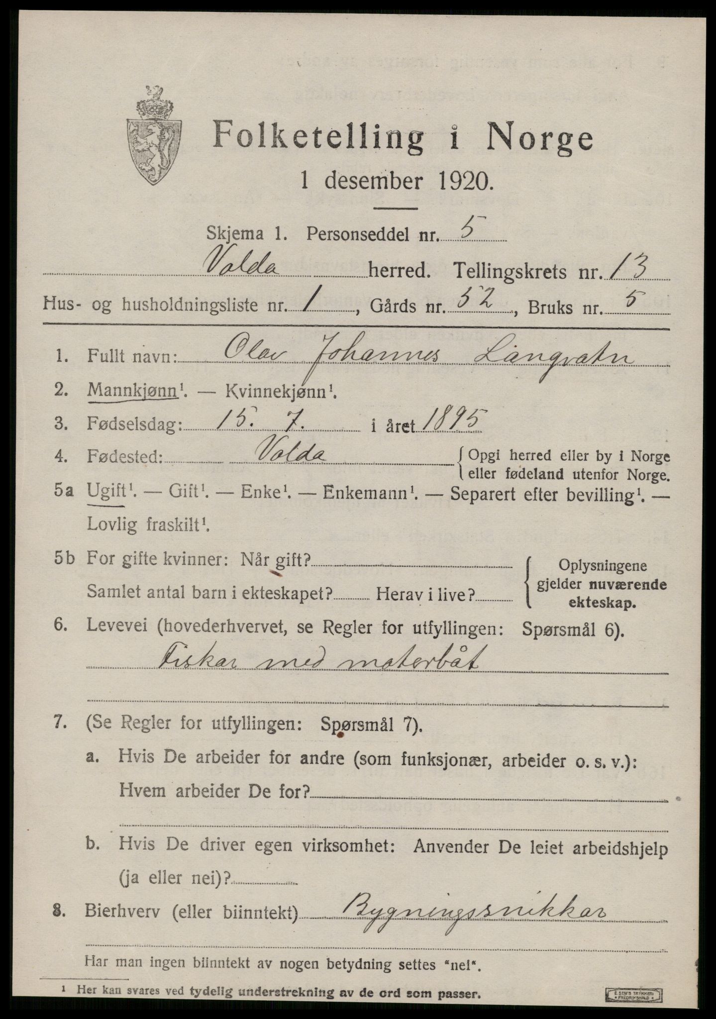 SAT, 1920 census for Volda, 1920, p. 8364