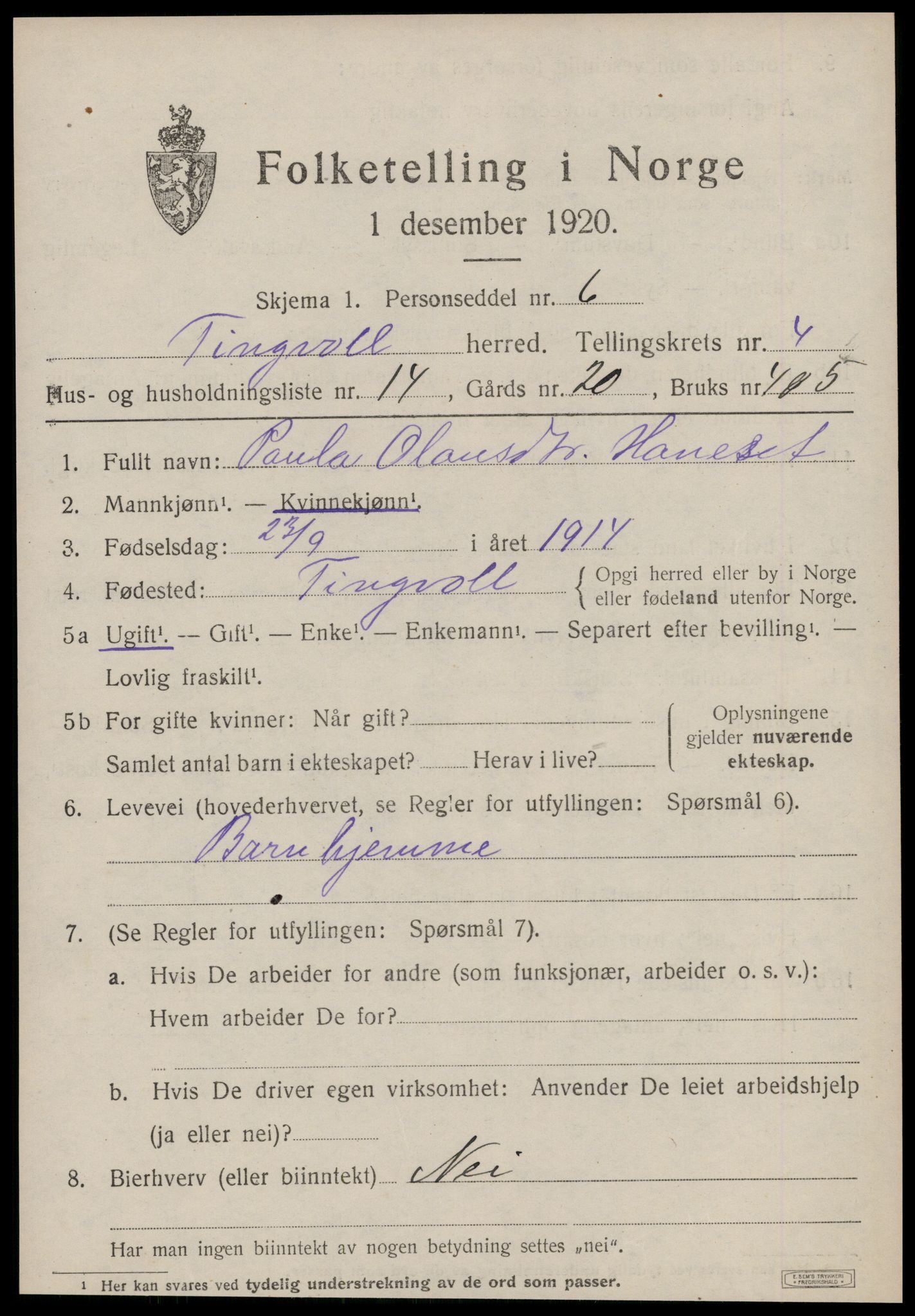 SAT, 1920 census for Tingvoll, 1920, p. 2008