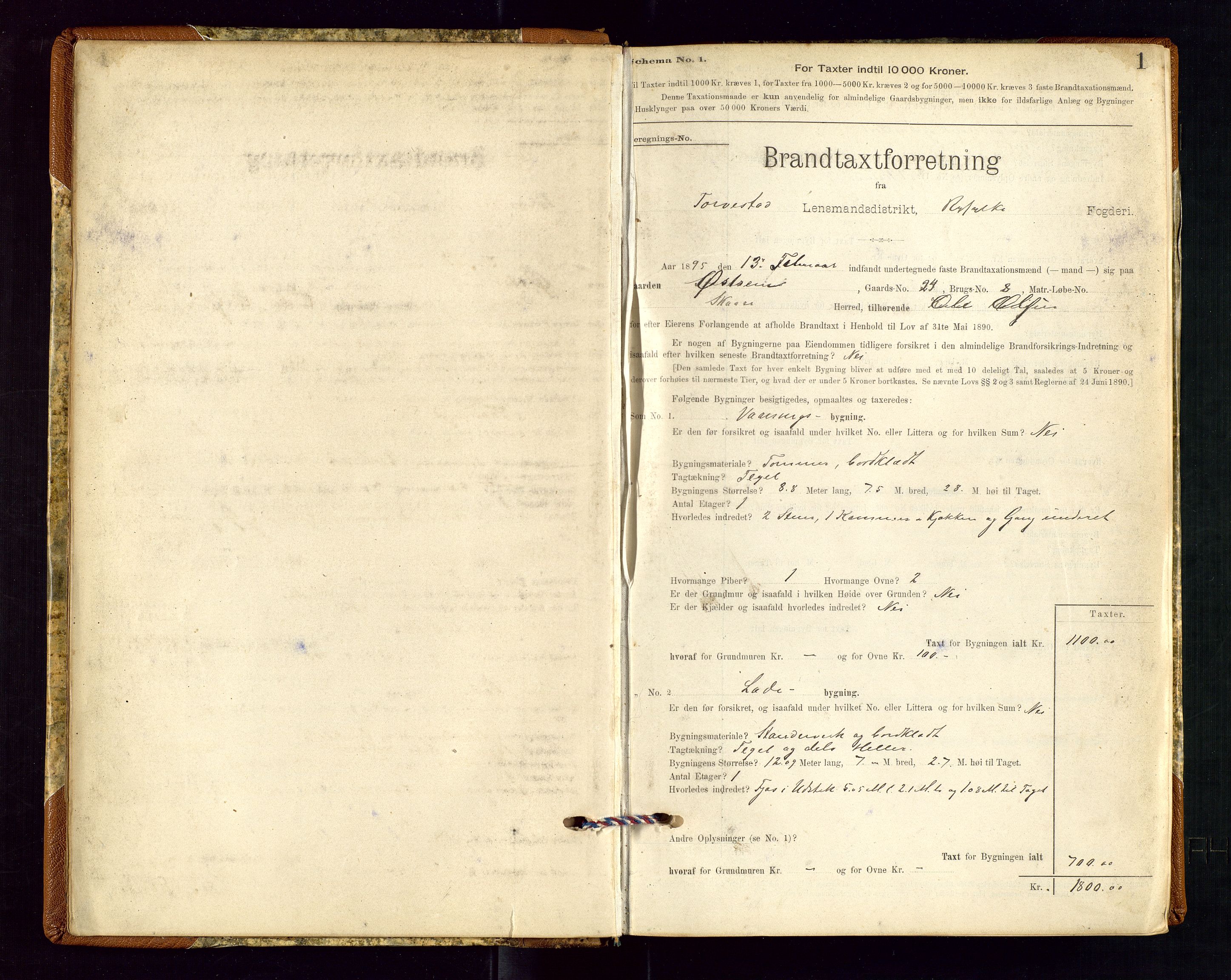 Torvestad lensmannskontor, SAST/A-100307/1/Gob/L0001: "Brandtaxationsprotokol for Torvestad Lensmannsdistrikt", 1895-1904, p. 1