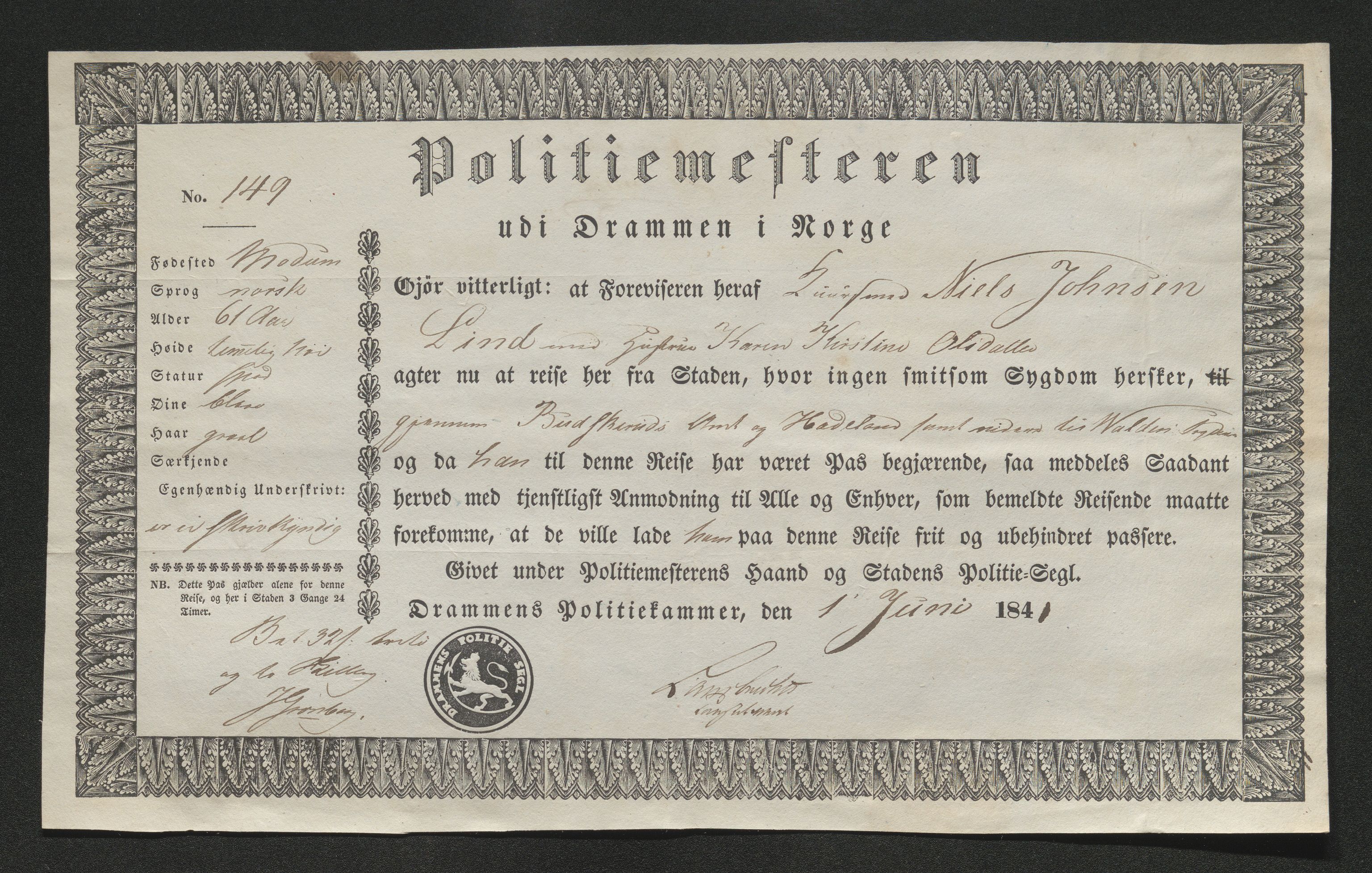 Drammen politikammer, SAKO/A-623/I/Ia/Iab/L0006: Innleverte pass, 1841-1842, p. 310