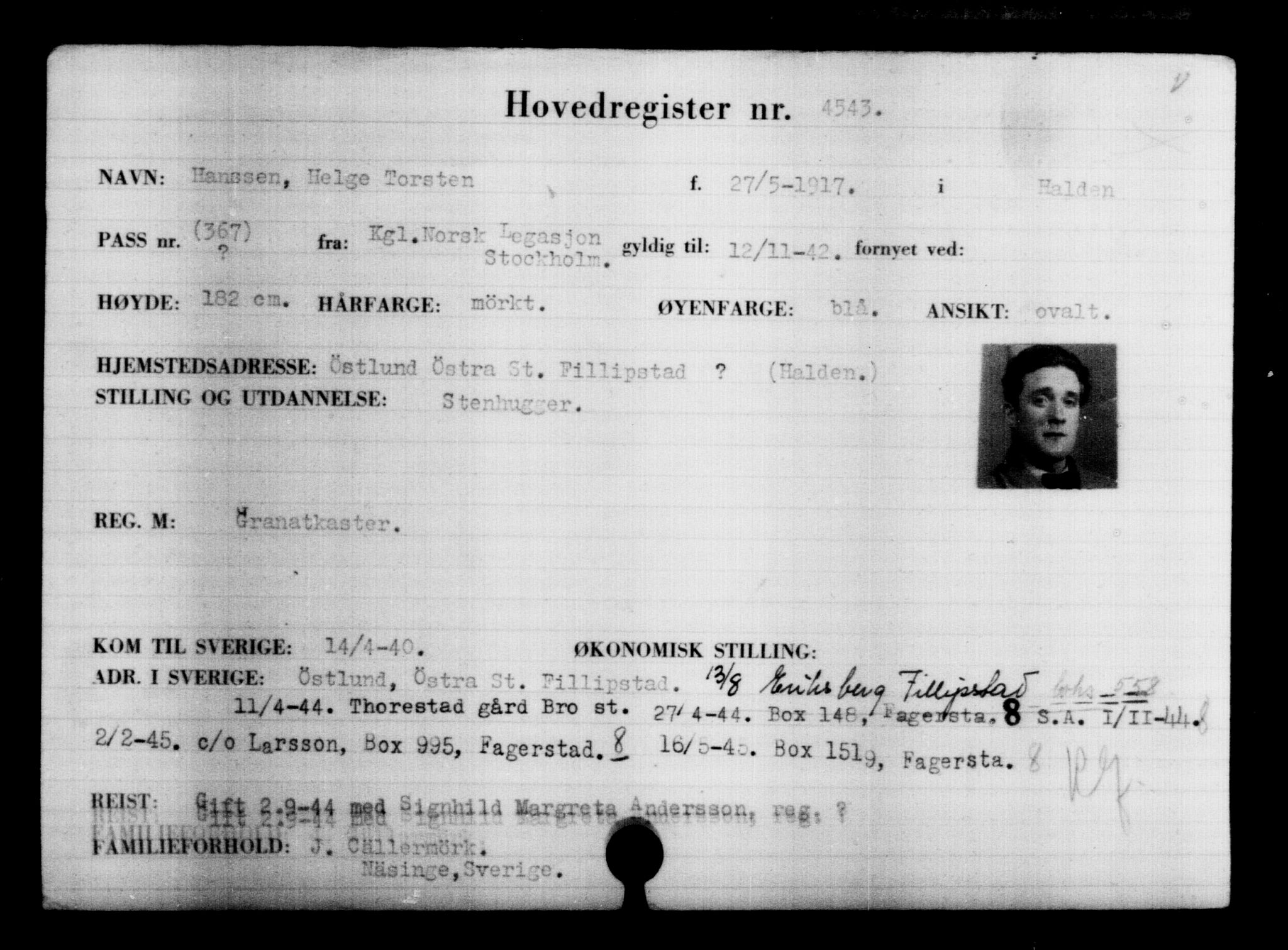 Den Kgl. Norske Legasjons Flyktningskontor, AV/RA-S-6753/V/Va/L0004: Kjesäterkartoteket.  Flyktningenr. 3496-6610, 1940-1945, p. 1251