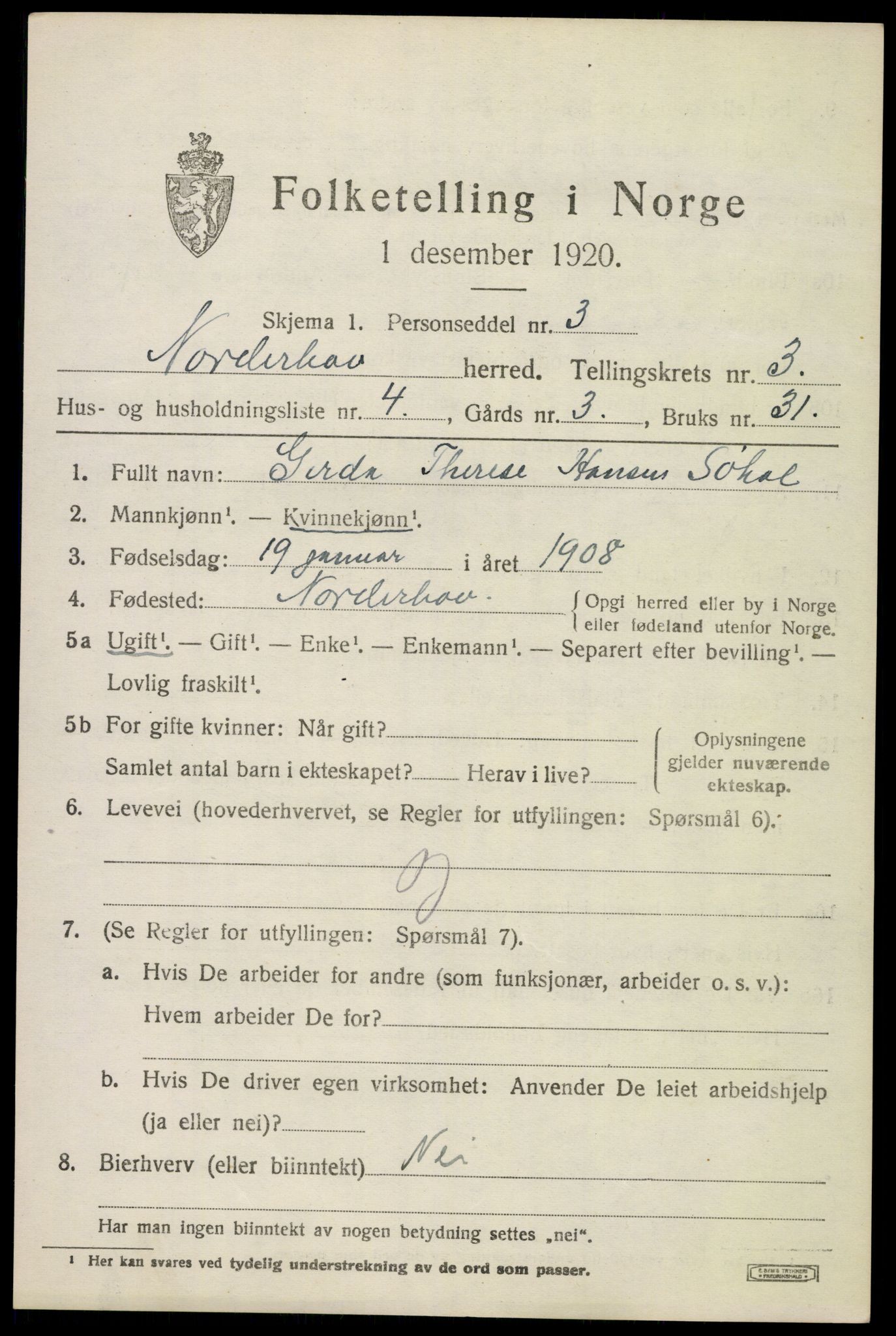 SAKO, 1920 census for Norderhov, 1920, p. 5302