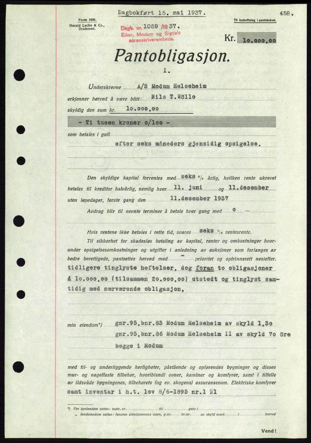 Eiker, Modum og Sigdal sorenskriveri, SAKO/A-123/G/Ga/Gab/L0035: Mortgage book no. A5, 1937-1937, Diary no: : 1059/1937