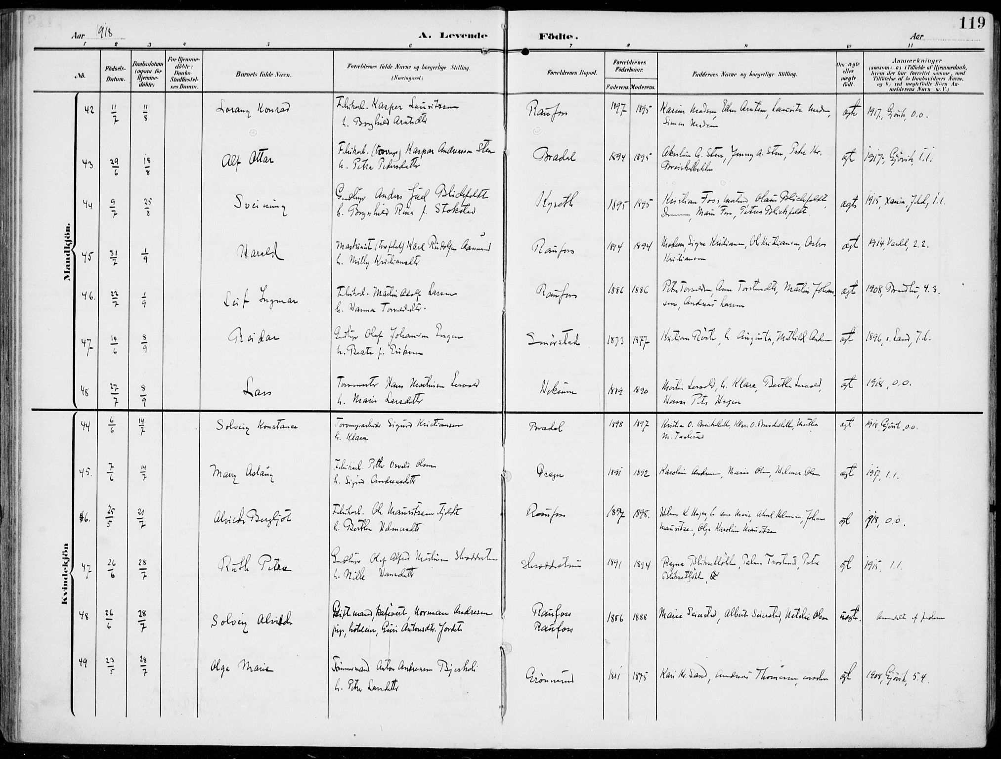 Vestre Toten prestekontor, SAH/PREST-108/H/Ha/Haa/L0014: Parish register (official) no. 14, 1907-1920, p. 119