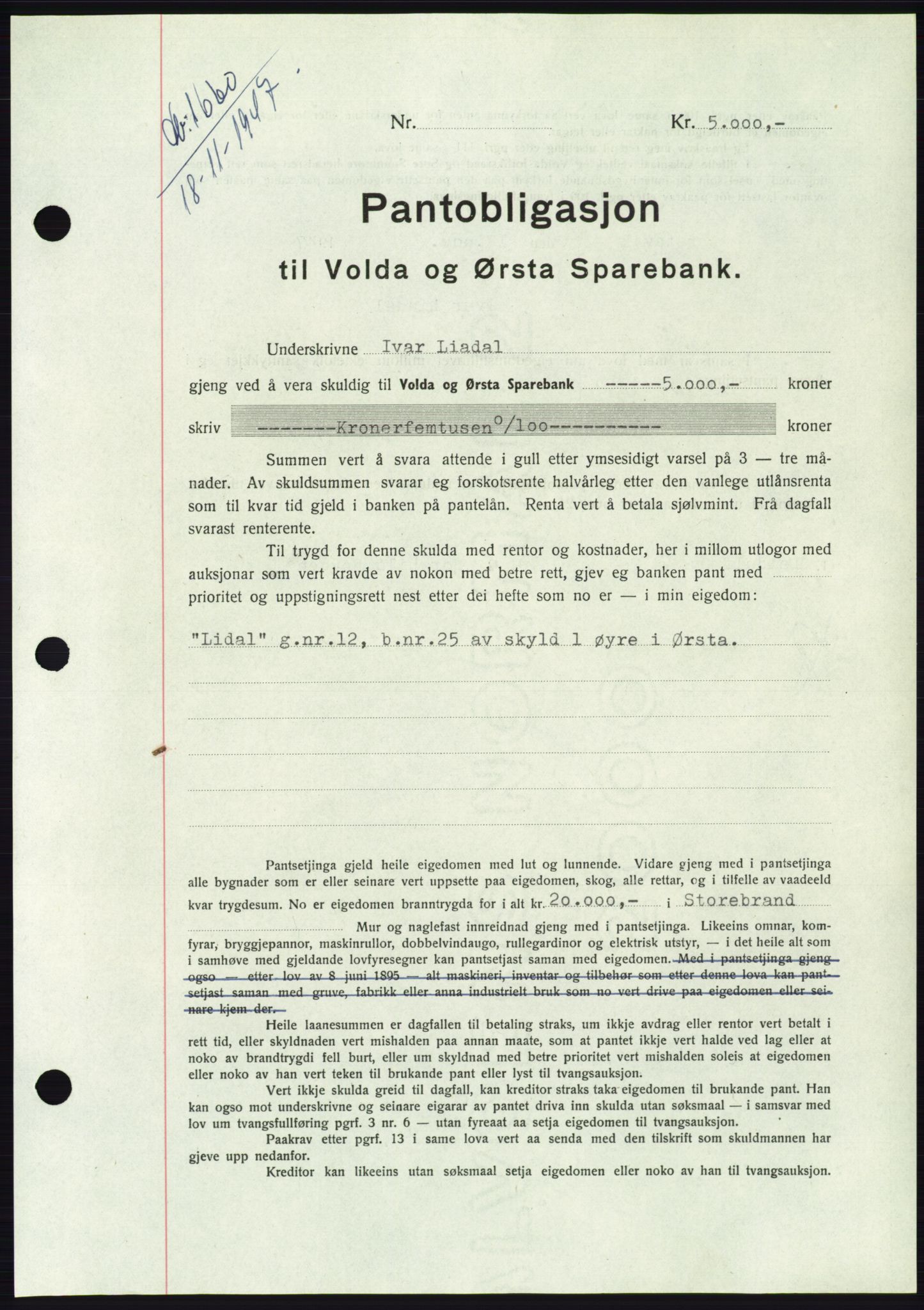 Søre Sunnmøre sorenskriveri, AV/SAT-A-4122/1/2/2C/L0115: Mortgage book no. 3B, 1947-1948, Diary no: : 1660/1947